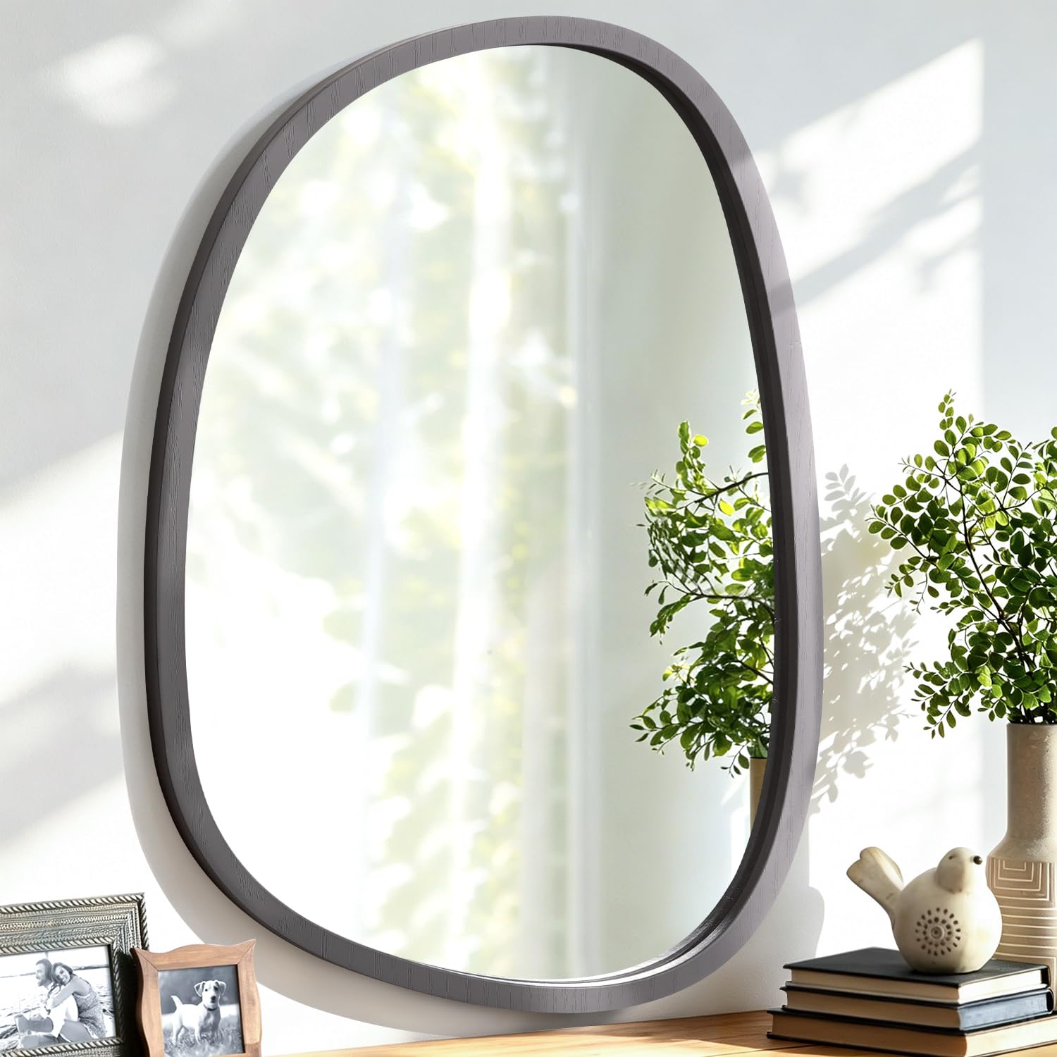 Lzuso Irregular Wood Frame Mirror for Wall Asymmetrical Oval Wall Mirror Unique Shape Modern Wall Mounted Vanity Artistic Mirror for Bathroom Bedroom Living Room Entryway Decorative 40L x 30W cm