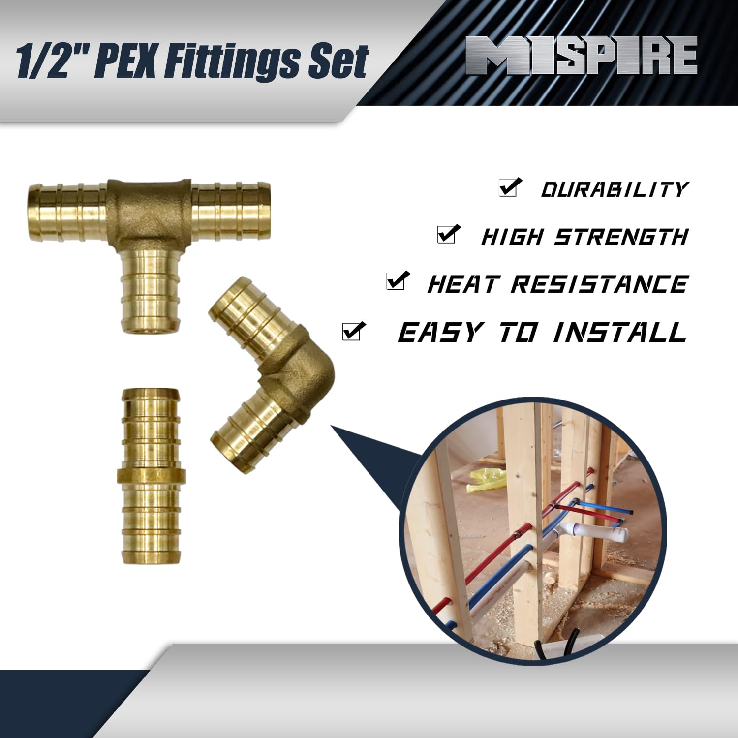 PEX Fittings - Paquete de 40 accesorios de 1/2 pulgada, 20 acopladores rectos, 10 codos de 90 grados y 10 piezas de crimpado en T, combo de accesorios de crimpado de latón PEX, latón sin plomo para