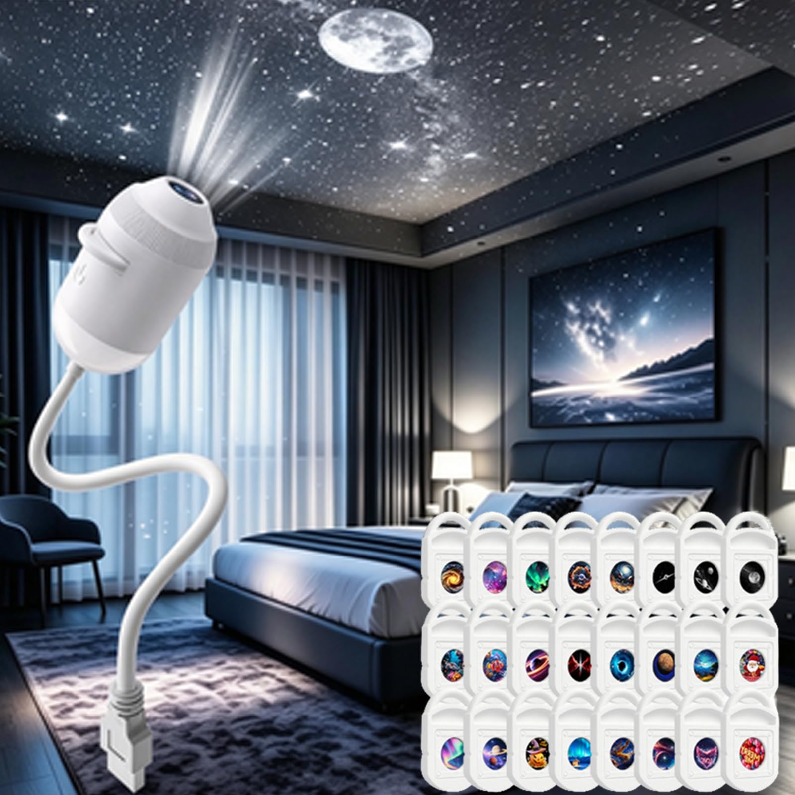 plug-and-play hd-sternenprojektor,Galaxy Dream Projector,galaxy Projector Night Light,2-in-1 Galaxyprojector Night Light,2-in-1 Sternenhimmel Projektor 12 Schiebbare Projektionsfolien,für Schlafzimmer