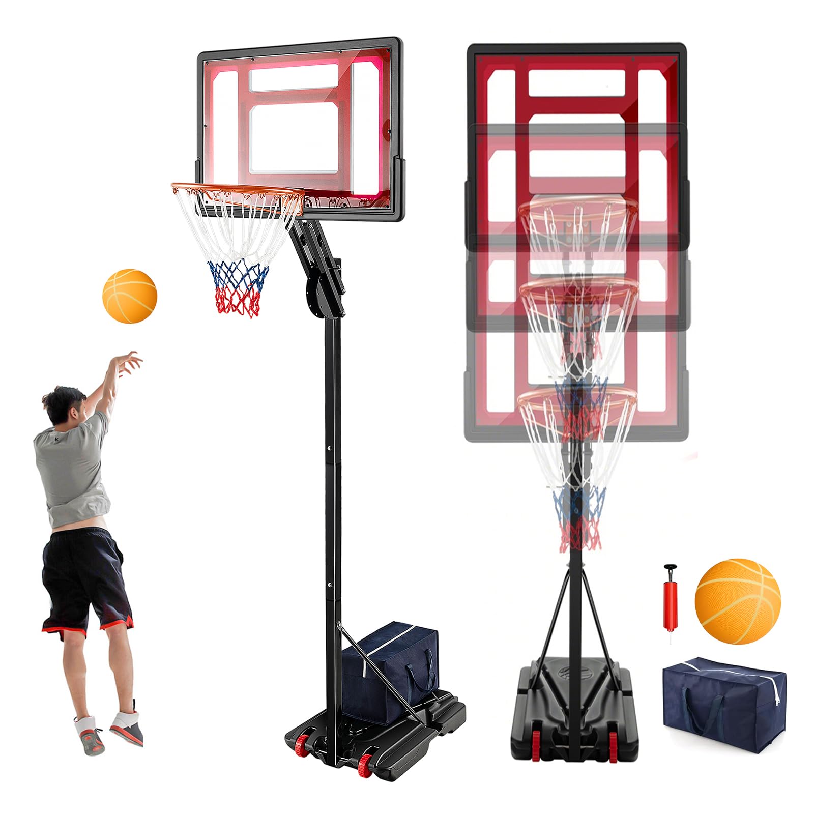 GYMAX Panier Basket Extérieur pour Adultes Enfants, Hauteur 105-260cm, Ballon & Pompe & Sac de Poids Fournis, Base Remplissable, Mobile avec Roues, Panneau Incassable