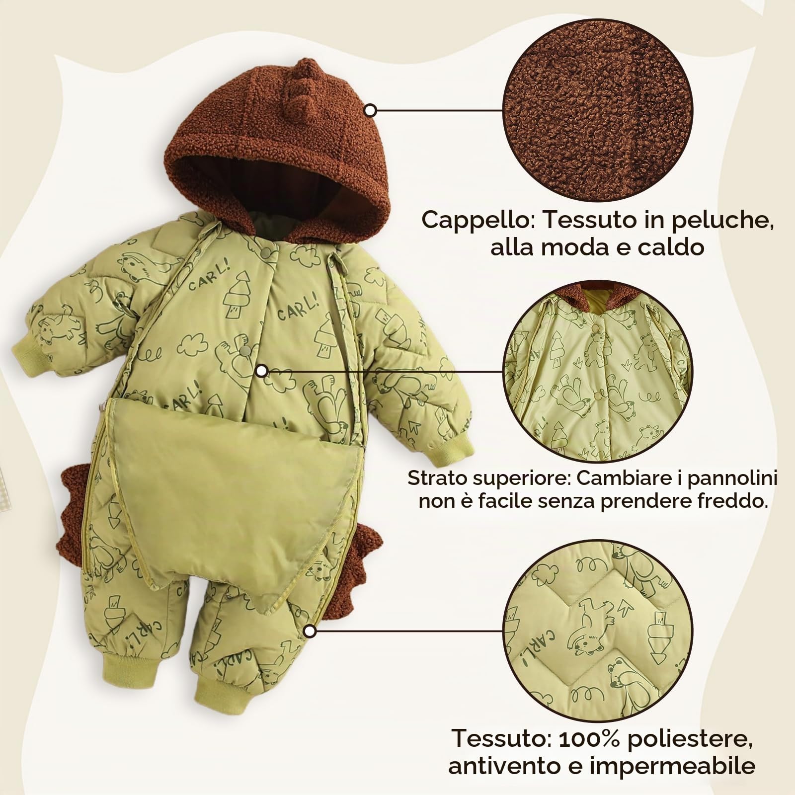 WYTbaby Tuta da neve invernale con cappuccio spessa e calda pagliaccetto per bambini e bambine 6-24 mesi