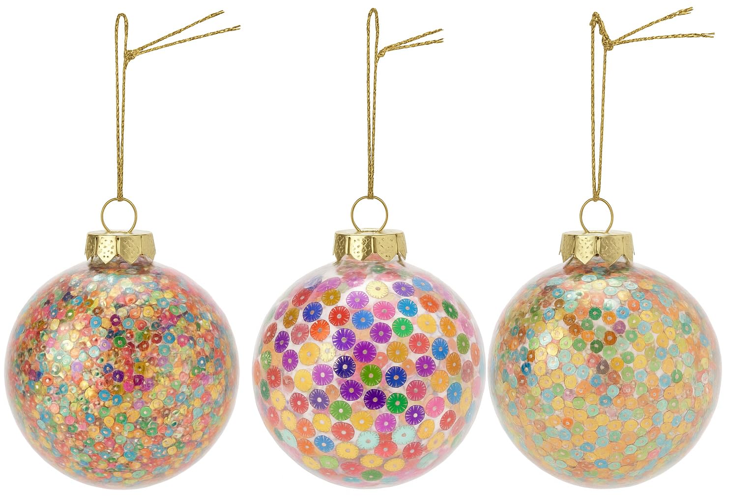 Set of 3 Glass Christmas Baubles 8cm - Clear Decorative Ornaments Filled with Colourful Sequins - Festive Tree Decorations with Gold Hanging Loop