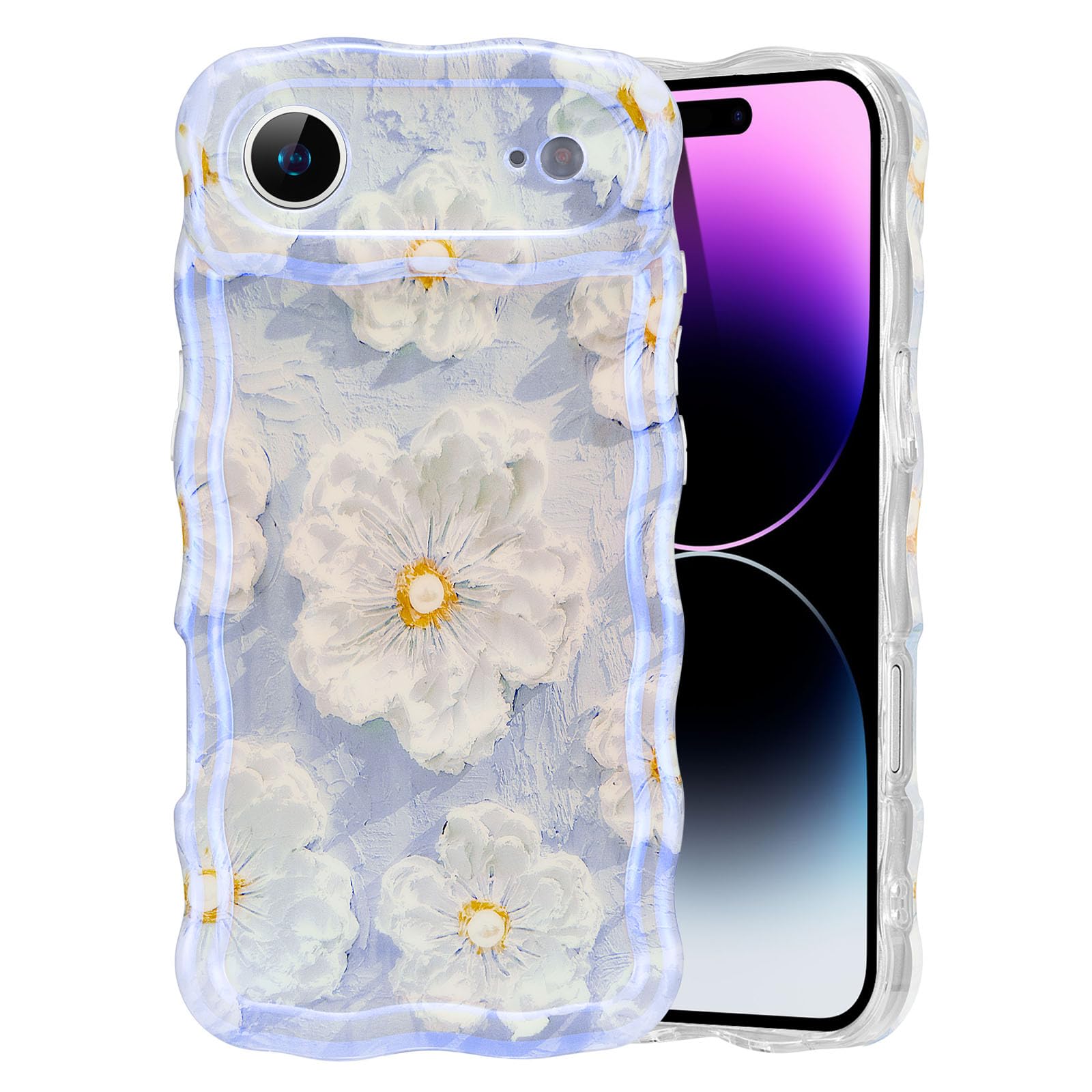 EYZUTAK Case for iPhone 15, Colorful Retro Oil Painting Flower Laser Beam Glossy Pattern Cute Curly Waves Border Exquisite Phone Cover Stylish Durable Soft TPU Protective Case for Girls Women - Green — view 97