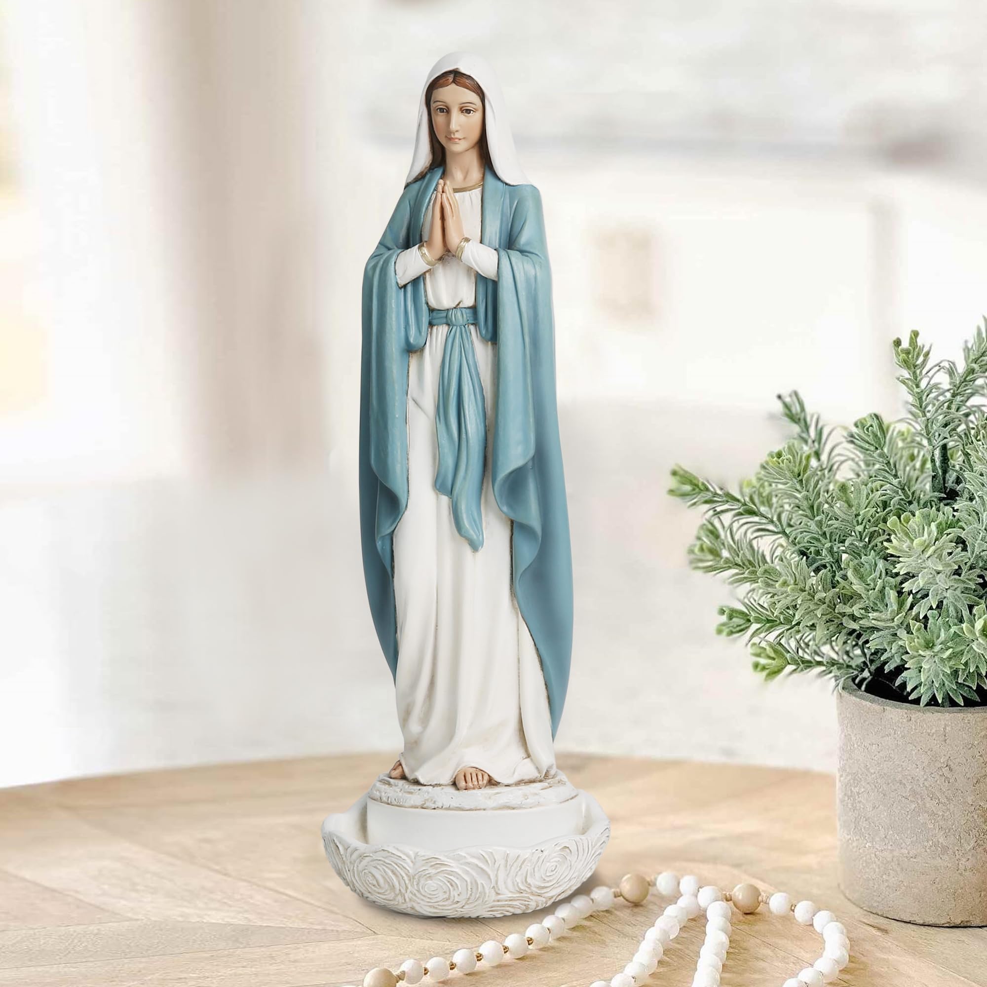 Estatua de Nuestra Señora de Gracia, Soporte de Rosario de la Virgen María, decoración católica de Mesa para el hogar