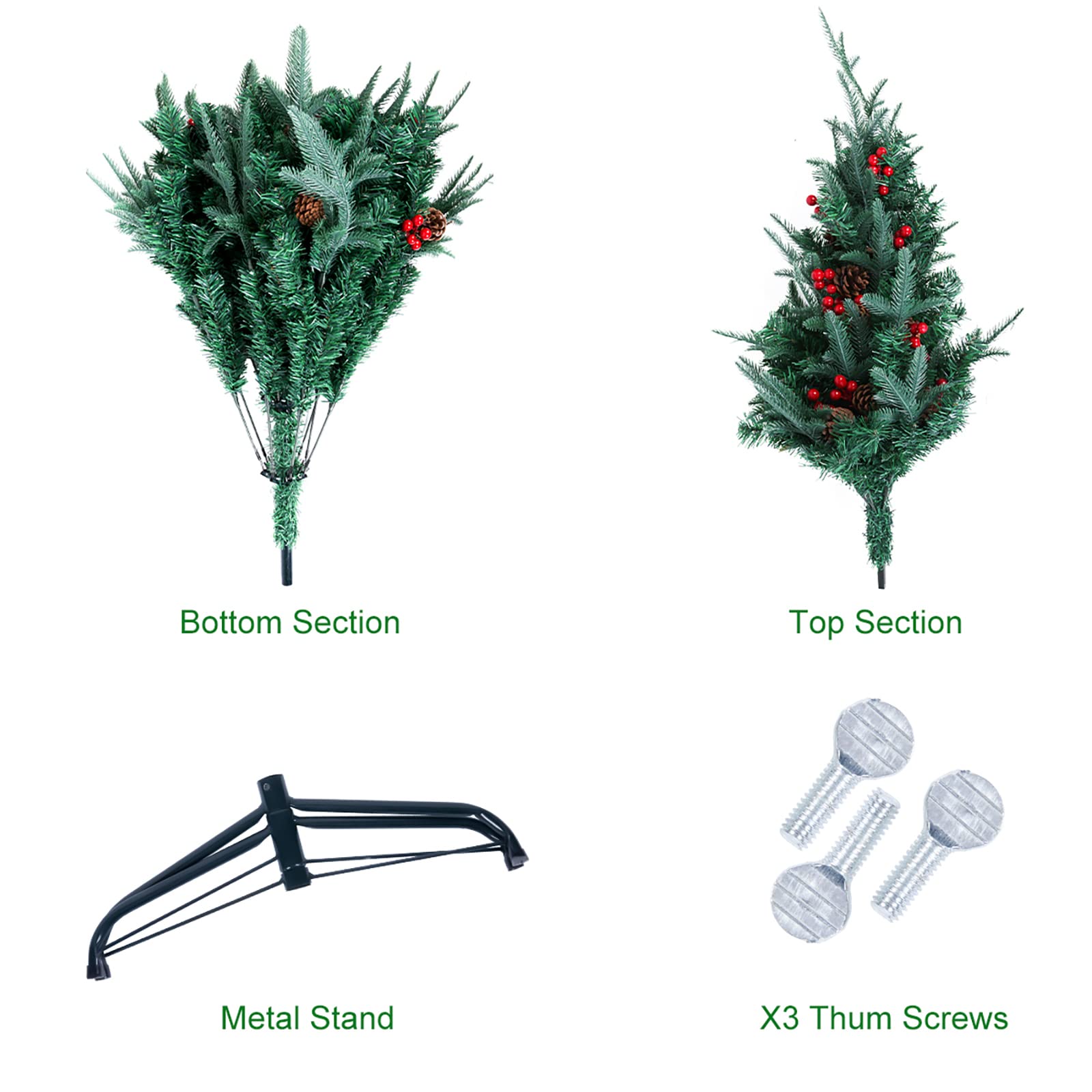 himaly Sapin de Noël Artificiel Pin avec 362 Tronc Vert en Matière PVC, 88 Tronc Vert en Matière PE, 150cm, 39 Pommes de Pin et 39 Fruits Rouges, Décoration de Maison Hôtel Boutique