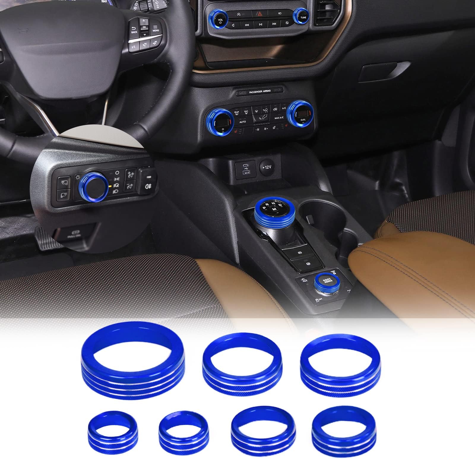for 2021-2024 Ford Bronco Sport Accessories Air Conditioner AC Headlight Switch Knob 4WD Wheel Drive Trailer Gear Shift Switch Knob Cover 7PCS Blue Aluminum Alloy(Don't for Bronco)