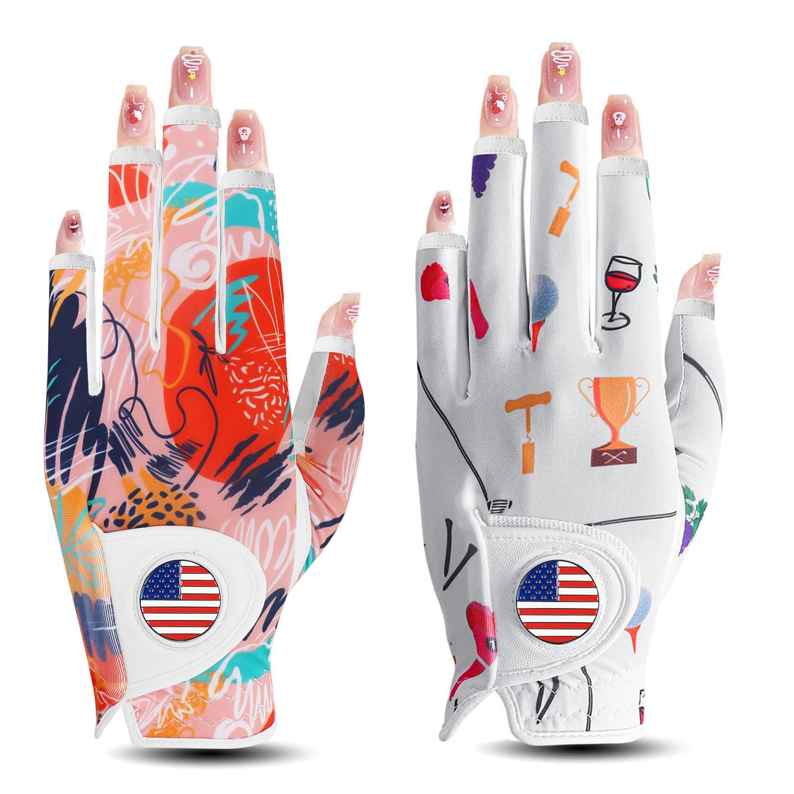 VEASAERS Golf Gloves Women Right Handed Golfer Left Hand with Ball Marker 3 Pack, Ladies Breathable Soft All Weather Grip Printed Pattern Colored