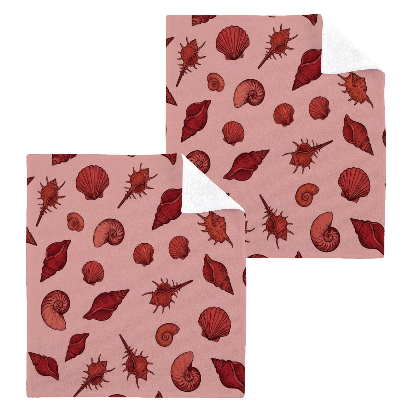 BOESI Red Sketch Seashell 12x12in Cotton Washcloth,Face Towel