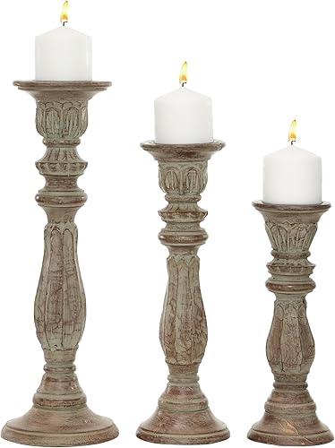 Deco 79 Portavelas maciza de madera de mango, juego de 3 de 18 pulgadas, 15 pulgadas, 12 pulgadas de alto, marrón