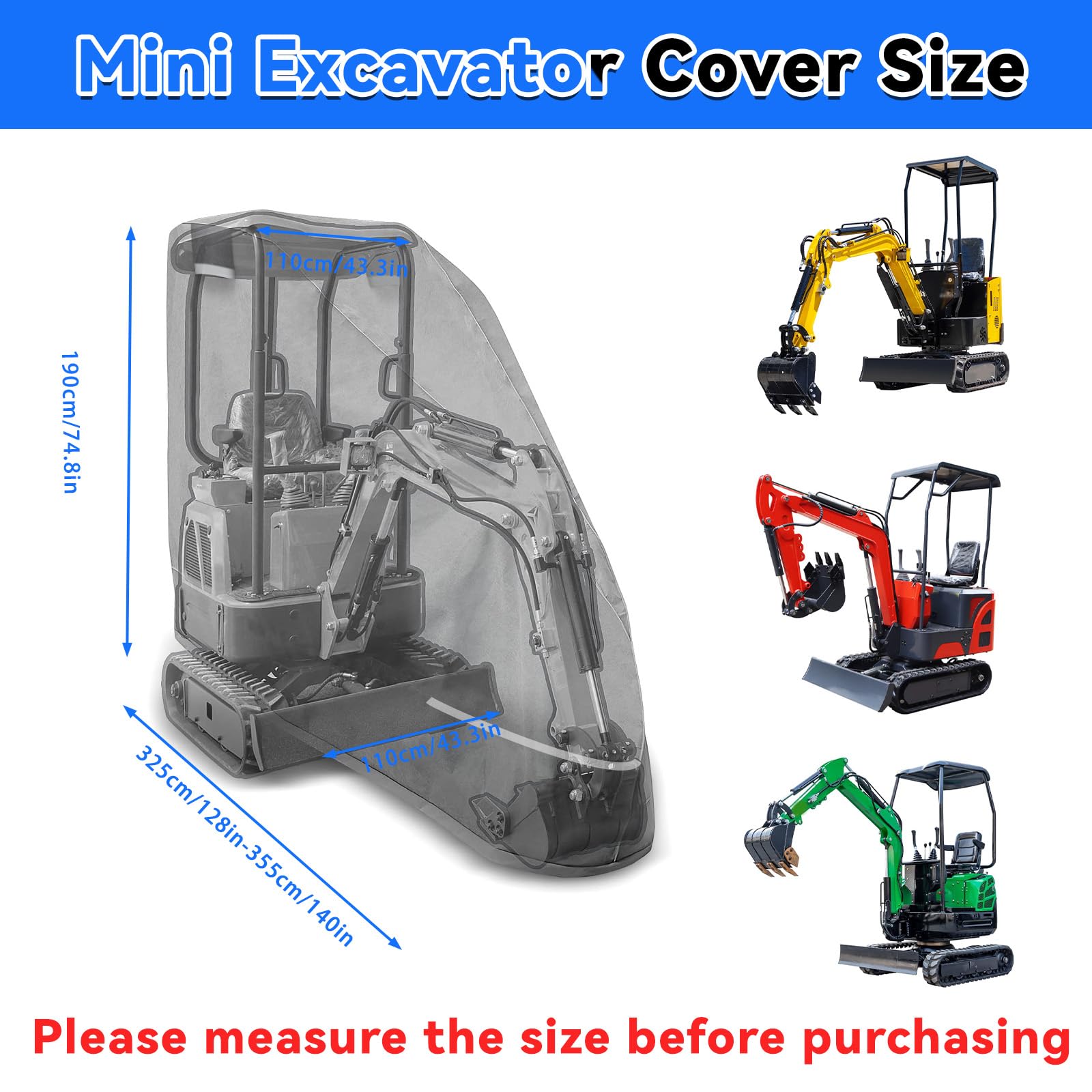 Cubierta para excavadora impermeable transpirable 420D | Lona para excavadora de 800 a 1600 kg, protección UV, color negro