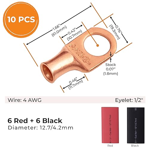 Miniatura 257 de SELTERM - 2 terminales de anillo resistentes para cable de batería, calibre 4 AWG, pernos de 3/8 pulgadas, terminales de calibre 4, ojales de cobre