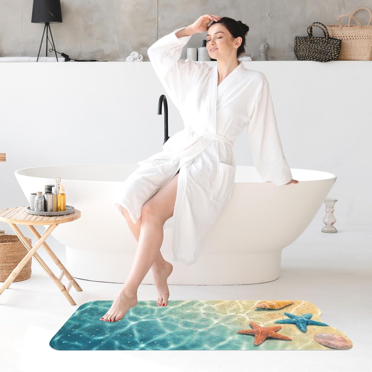Seashell Summer Beach Bath Mat Non Slip, Starfish Blue 40 X 16 Inch Extra Long Bathtub Shower Mat for Tub Anti Slip with Suction Cups and Drain Holes for Kids Adults Elderly