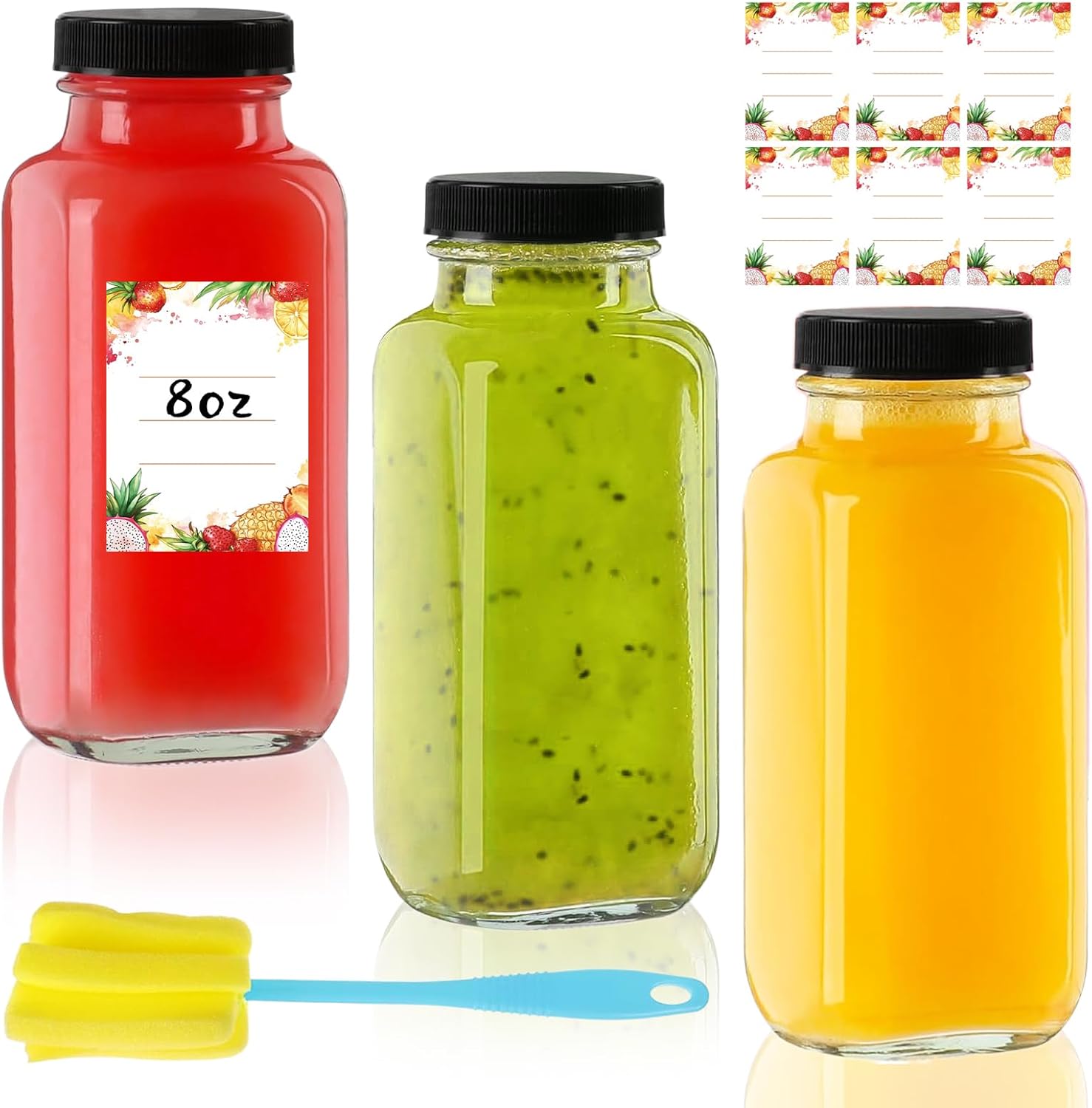 8 oz Glass Juice Bottles with Lids 3-Pack - Reusable Small Juice Drinking Jars for Green Juices, Shots & Smoothies