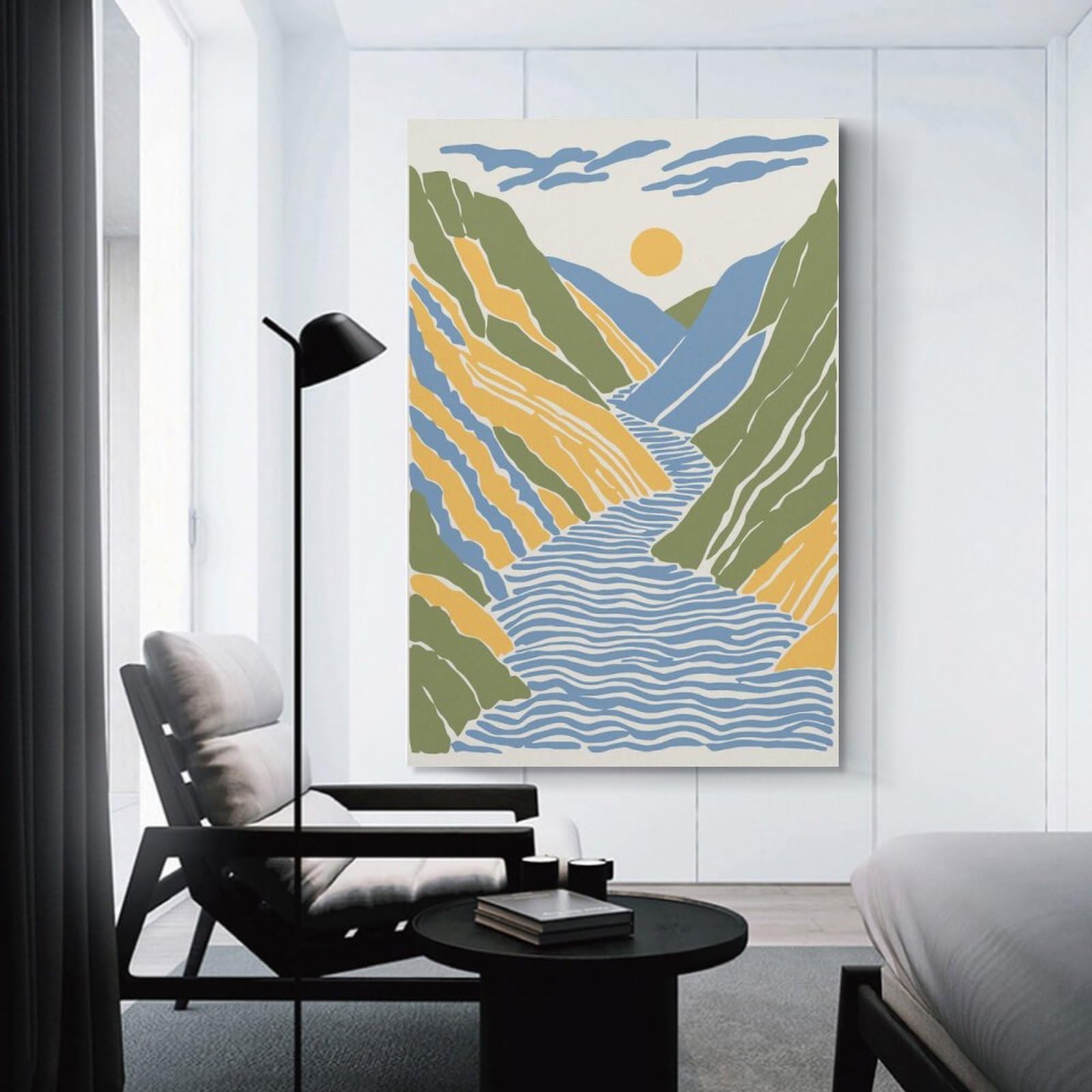 Junmoney Abstract Mountain River Landscape Illustration Canvas Art Print, 12x18inch(30x45cm), for Small Homes, Bedrooms Or Open Spaces, Wall Decor with Flexible Room Appeal