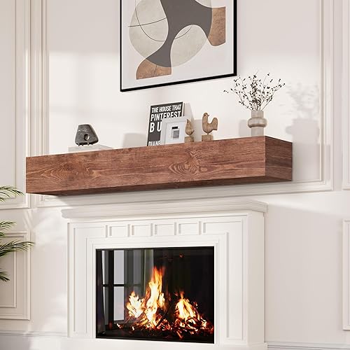 Miniatura 80 de Mantel de chimenea de 60 pulgadas, estante de mantel hecho a mano para sobre chimenea, mantel de madera con soporte invisible resistente, estantes