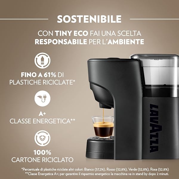 Lavazza, A Modo Mio Macchina per Caffè Tiny Eco Nera con 64 Capsule Qualità Rossa Incluse, Macchina per Espresso in Plastica Riciclata, 1450 W, 220-240 V, 50/60 Hz, 0.6 Litri - 2