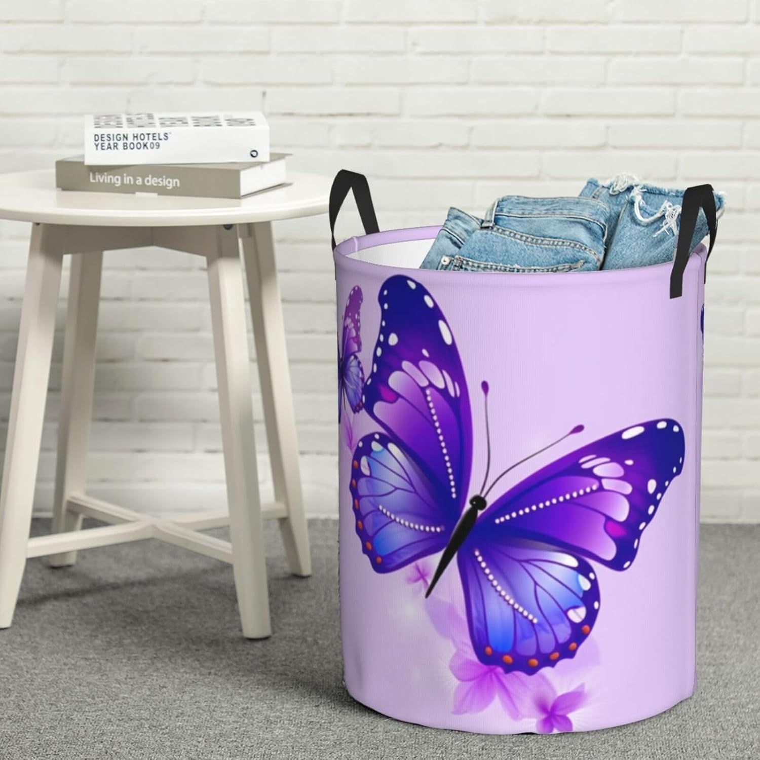Purple Butterfly Laundry Basket Collapsible Circular Laundry Hamper with Handles Freestanding Tall Laundry Bag Washing Bin Waterproof Clothes Storage Basket for Blankets Toys Medium