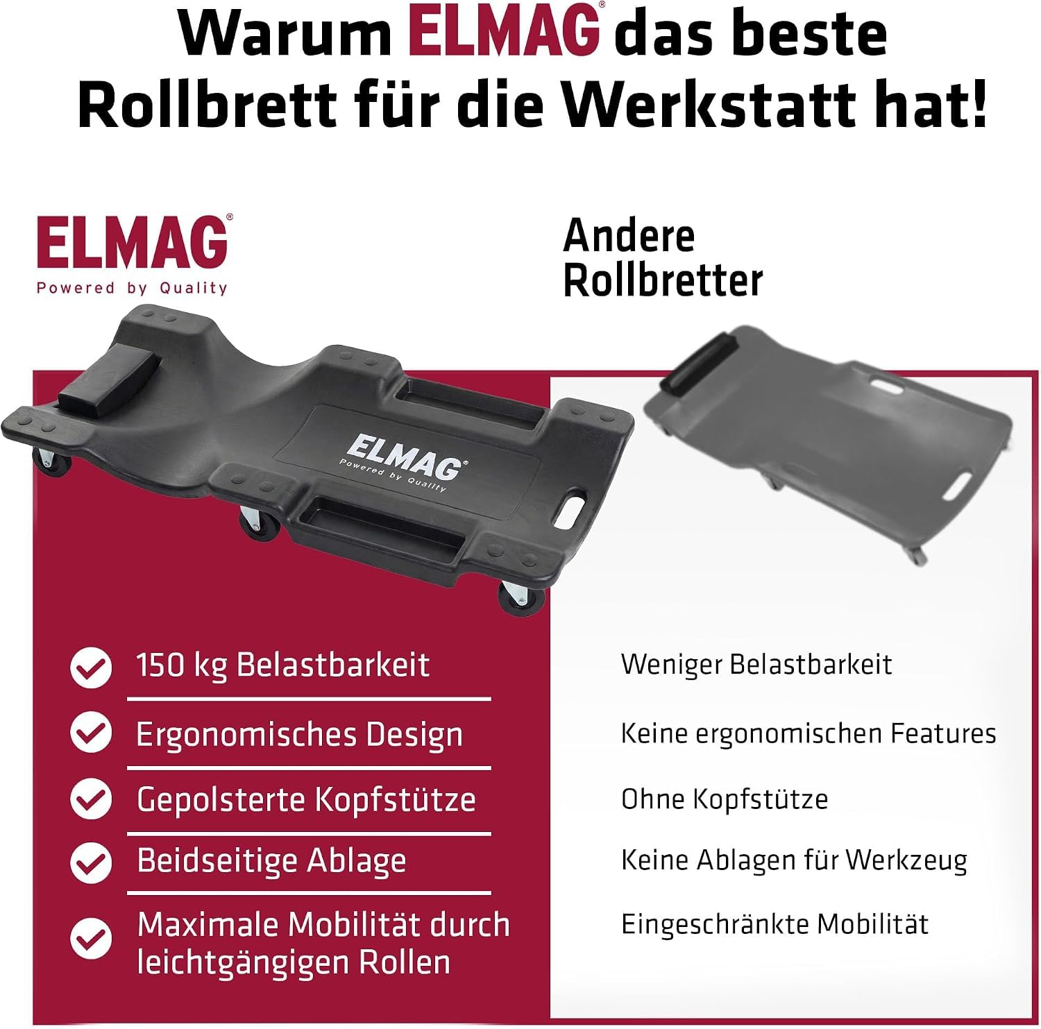 ELMAG Rollbrett Werkstatt 104 x 49 x 9 cm – Rollbrett als Montagerollbrett mit ergonomischem Design, gepolsterter Kopfstütze und Rollen – Werkstattliege mit Werkzeugablage – Bis 150 kg belastbar