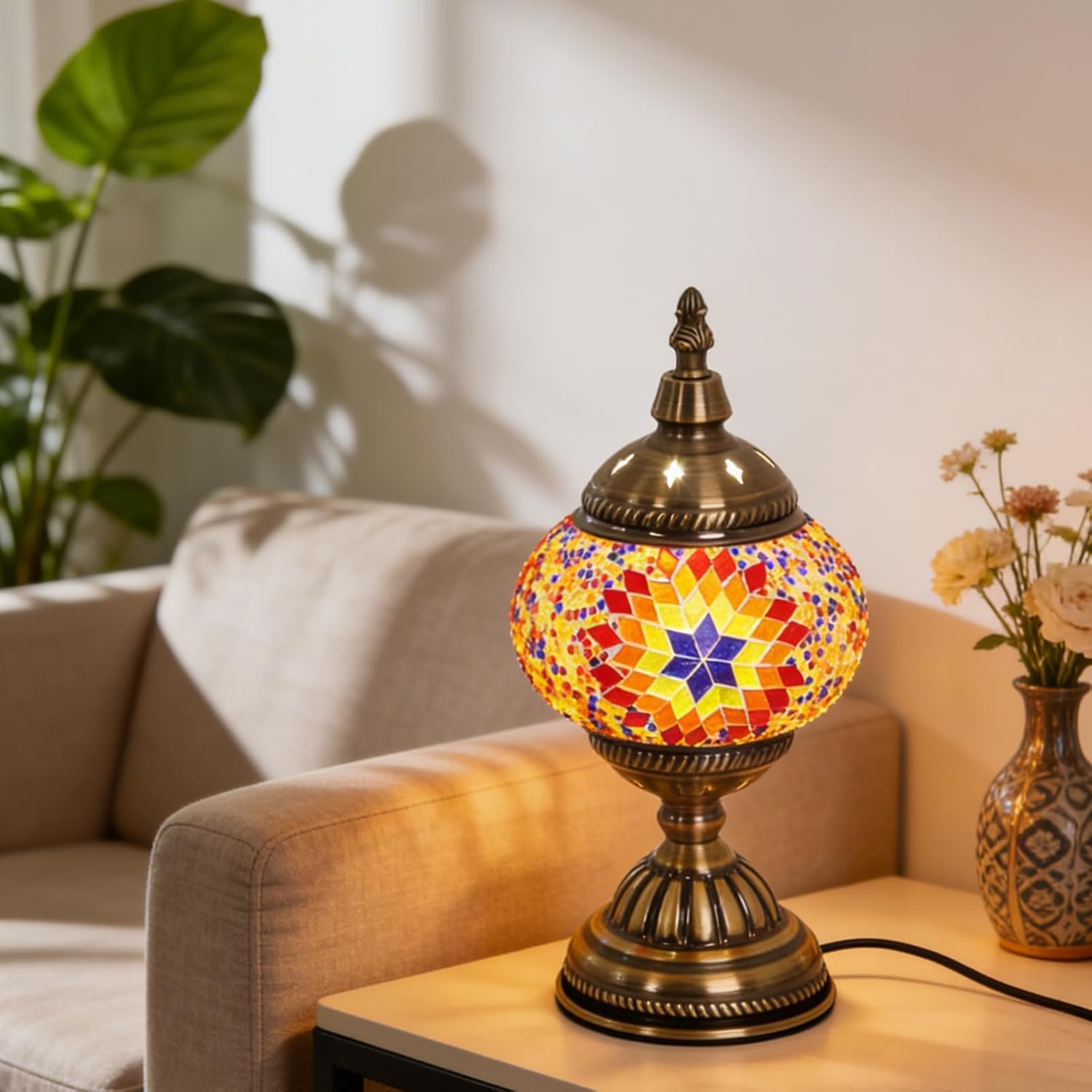 Turkish Table Lamp, Vintage Style Handmade Stained Glass Moroccan Mosaic Lamp with Bronze Base Including E26 Bulb for Living Room Bedroom Decor