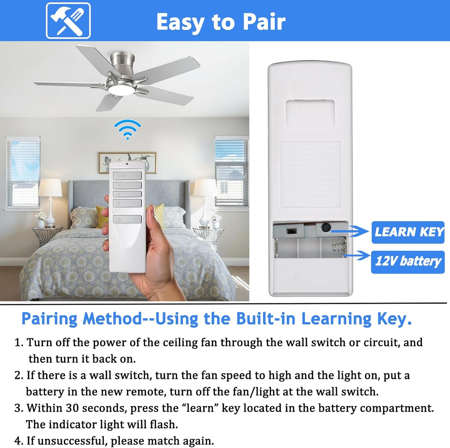 Replacement Remote for Harbor Breeze Ceiling Fan Remote Control, Compatible with KUJCE10716/TR258B, KUJCE10512/ TR258A, A25-TX001-R1, A25-TX00I, A25-TX005R, A25-TX013, ZJF-RT01A (Remote Only)