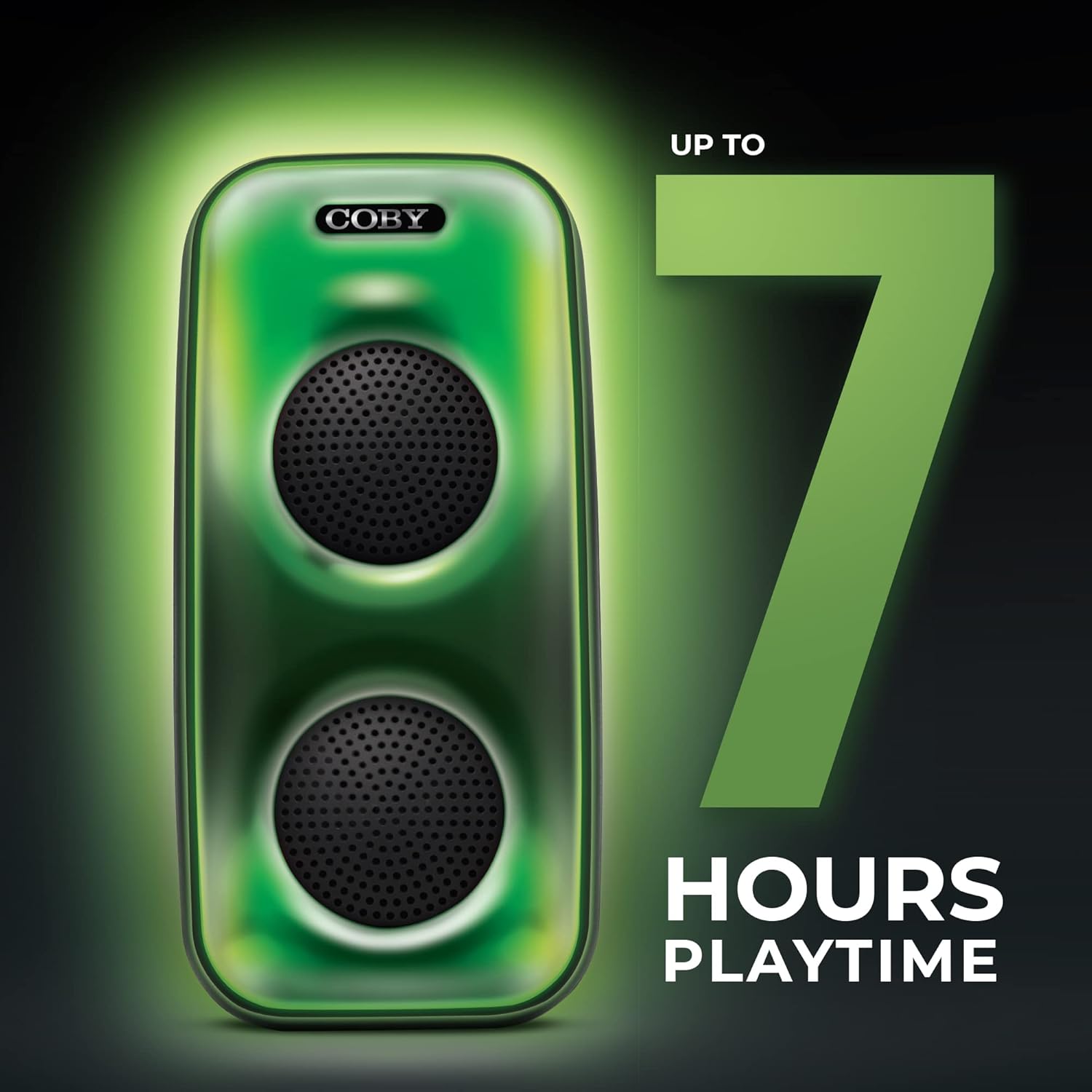 COBY CPA905BK speaker with text 'Up to 7 Hours Playtime'