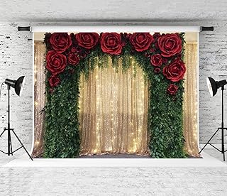 RBQOKJ 7x5ft Golden Glitter Wedding Backdrop Red Rose Green Leaves Banner Wedding Arch Photography Background Blingbuling Sequin Decoration Backdrops for Party Portrait Photo Shoot Video Prop