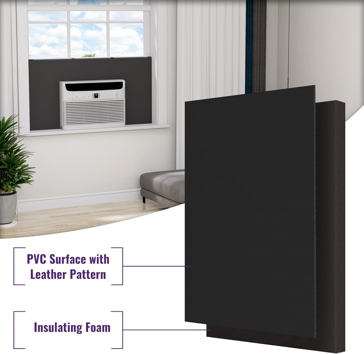 Mxclimate Full Surround Window AC Insulation Foam Side Panels for Air Conditioner Units, 48'' Width Indoor Window Seal Kit Cover, Winter and Summer,Black