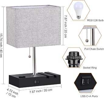 RGB Smart Table Lamp with Remote Control - Alexa Lamp for Bedroom with Voice & APP Control & Music Sync, Dimmable Nightstand Lamp with Charging Station for Living Room, Alexa Bulb Included