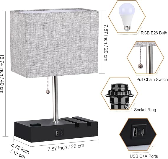 RGB Smart Table Lamp with Remote Control - Alexa Lamp for Bedroom with Voice & APP Control & Music Sync, Dimmable Nightstand Lamp with Charging Station for Living Room, Alexa Bulb Included