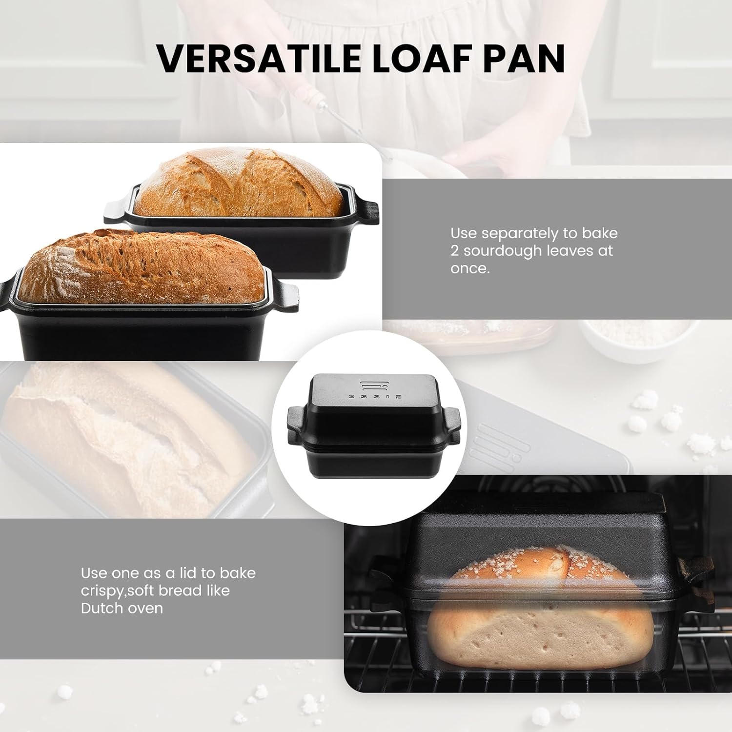 Cast Iron Duct Oven for Sourdough Bread baking, 9×5 Loaf Pan with Lid, Bread Pans for Homemade Bread, 2 in 1 Dutch Oven Pot with Lid, Pre-Seasoned (4.5 QT)