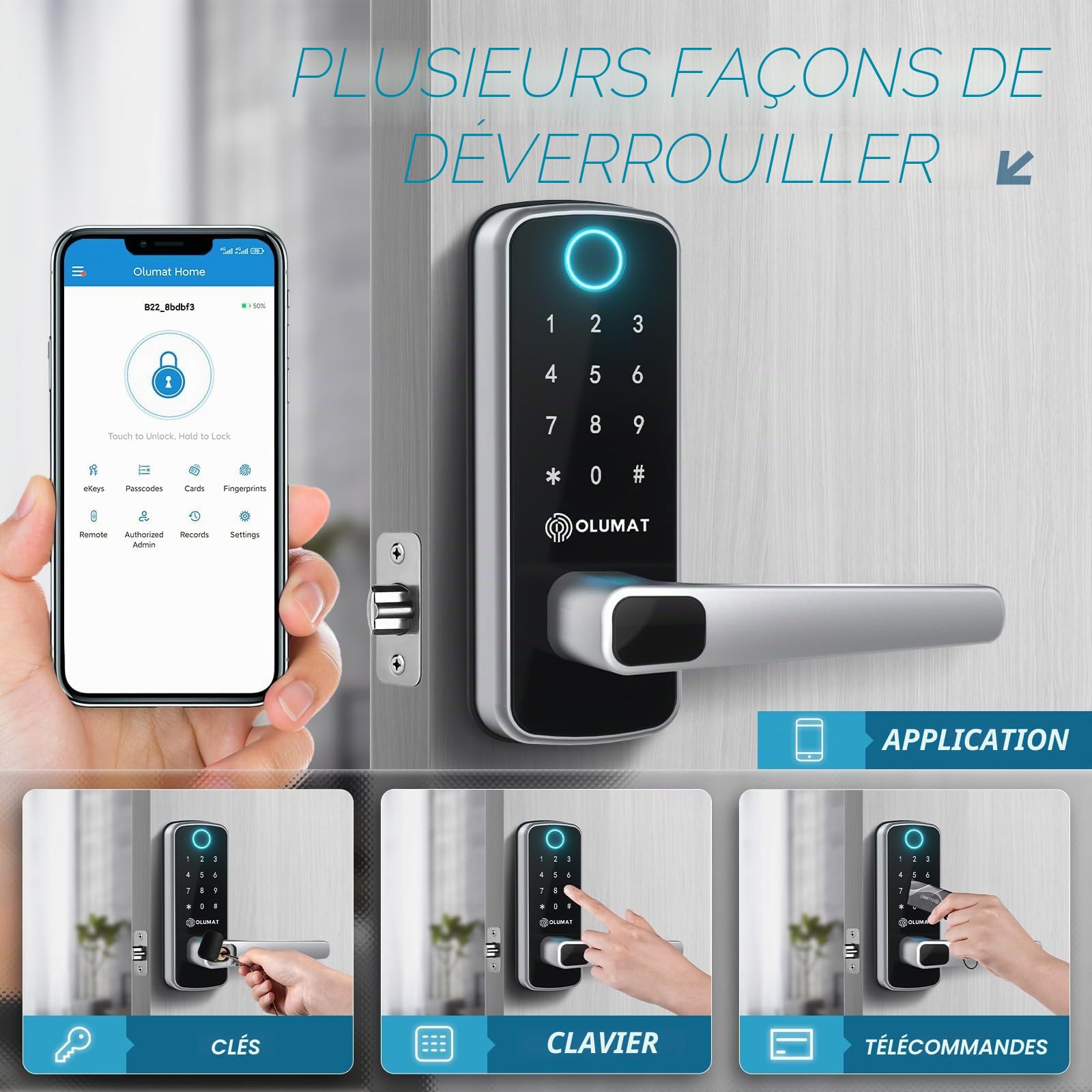 OLUMAT Serrure de porte intelligente, serrure de porte d'entrée sans clé, serrure de porte à empreintes digitales avec clavier numérique avec poignée pour la maison, la location, le bureau et l'hôtel