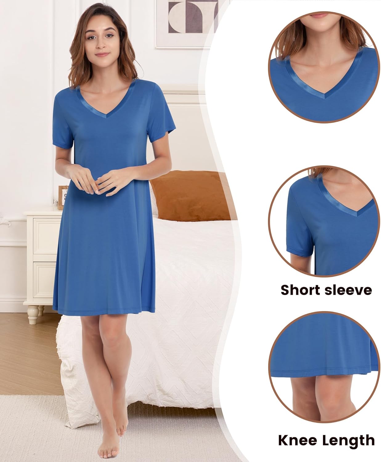 NACHILA Nightgowns for Women-Viscose Made from Bamboo, Soft Sleepshirts Short Sleeve Nightshirts Loose Sleepwear - Image 3
