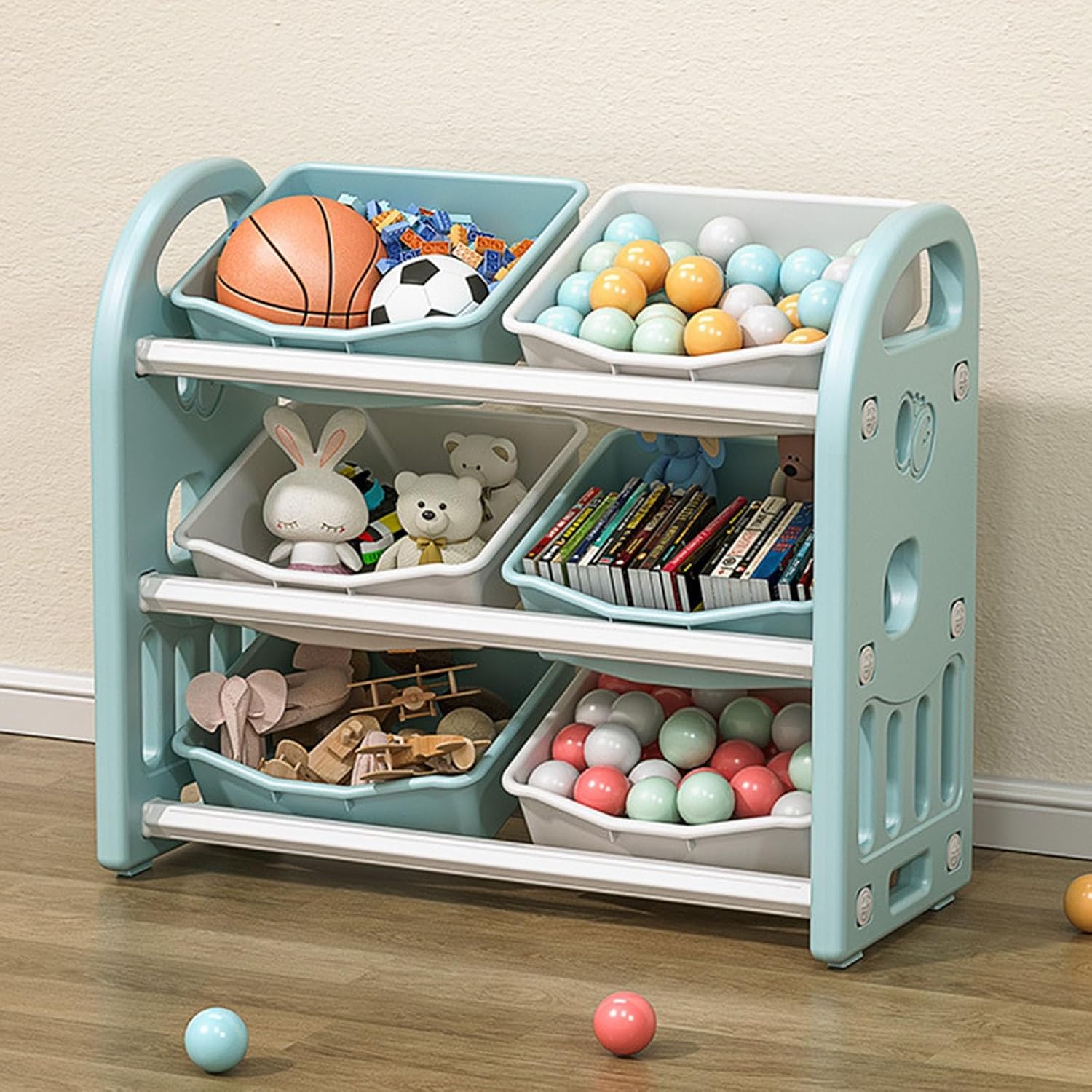 Toy Storage Organizer with 6 Storage Bins Kids Toy Shelf for Playroom 3-Tier Toddler Toy Bins for Organization Easy to Assemble(Light Blue)