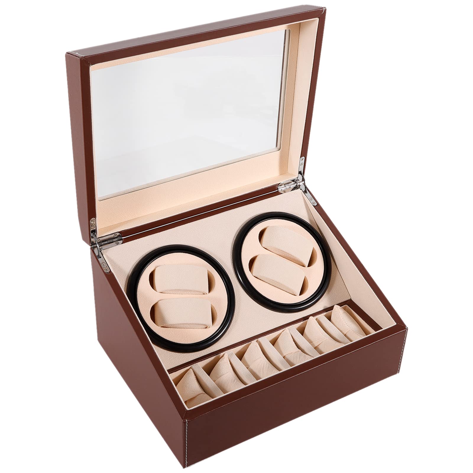 Luxury Remontoir Montre Automatique 4 + 6, Boîte à Montre avec Moteur Silencieux, Boîte de Rangement pour Montres PU Cuir