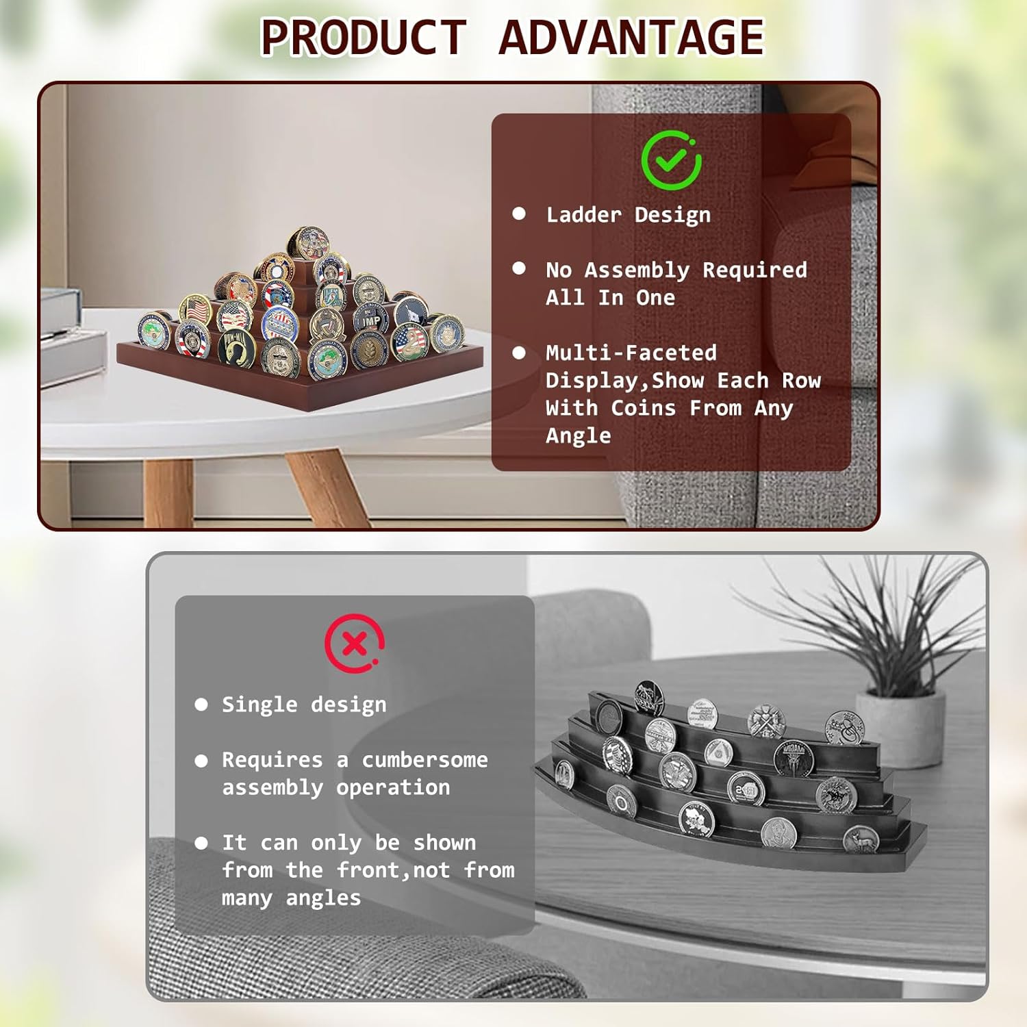 Military Challenge Coins Display Holder Solid Wood, 5 Rows Challenge Coin Holder Display Stand Holds 45 Coins, Slotted Stands, Challenges Coin Displaies Case for Collectors