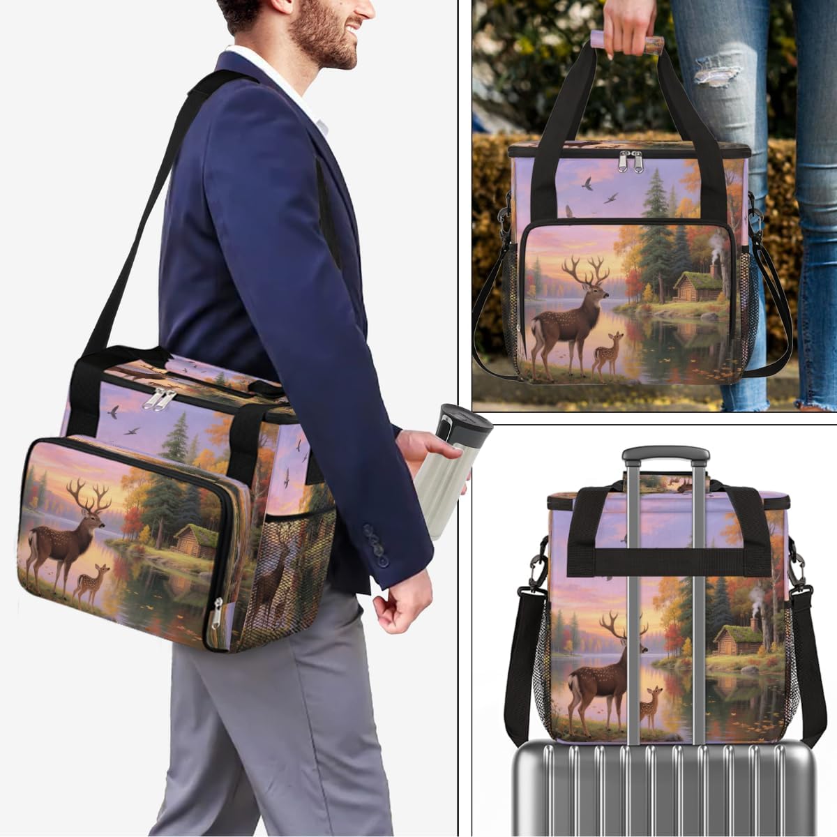 Sunset Deer Scene Portable Coffee Maker Carrying Bag Compatible with Keurig K-Mini or K-Mini Plus - Travel Storage Tote with K-Cup Pod Pockets for Single Serve Coffee Brewer