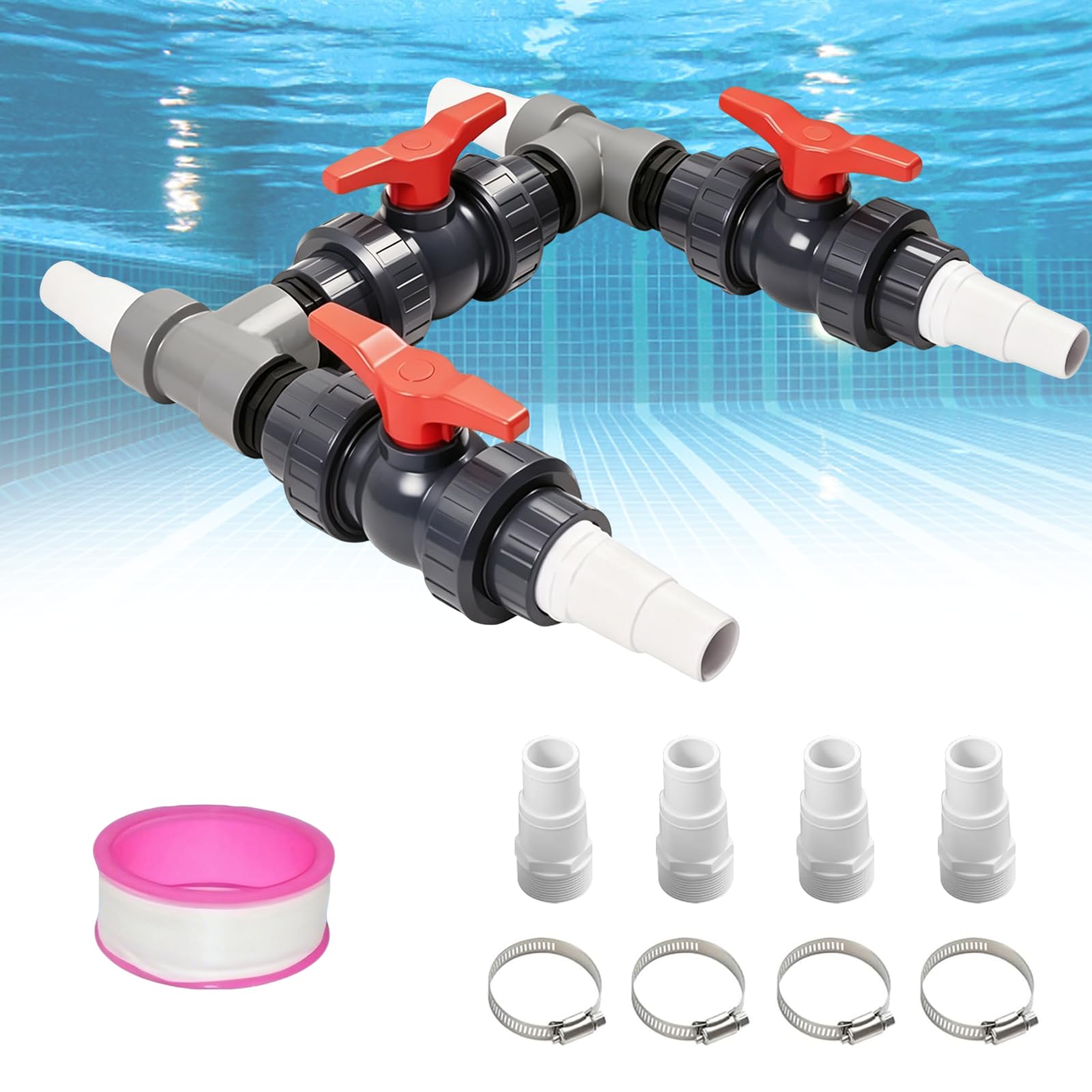 Bypass Pool Set 50mm für Wärmepumpe, Pool Bypass Set mit 32mm & 38mm Schläuchen, 3 Kugelhähne, T-Stücke & Edelstahlklemmen – Optimiert Wasserfluss für Solarheizung