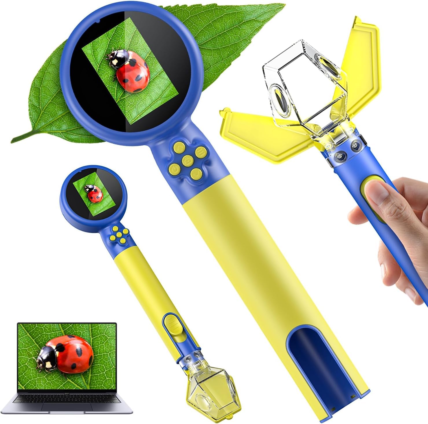 Kids Microscope with Bug Catcher Kit, 1080P 2 in 1 Digital Mini Handheld Microscope STEM Science Toy with LED Light, Rechargeable, Portable, Supports 64GB Card, Learning Gift for Kids Ages 3-12-Blue