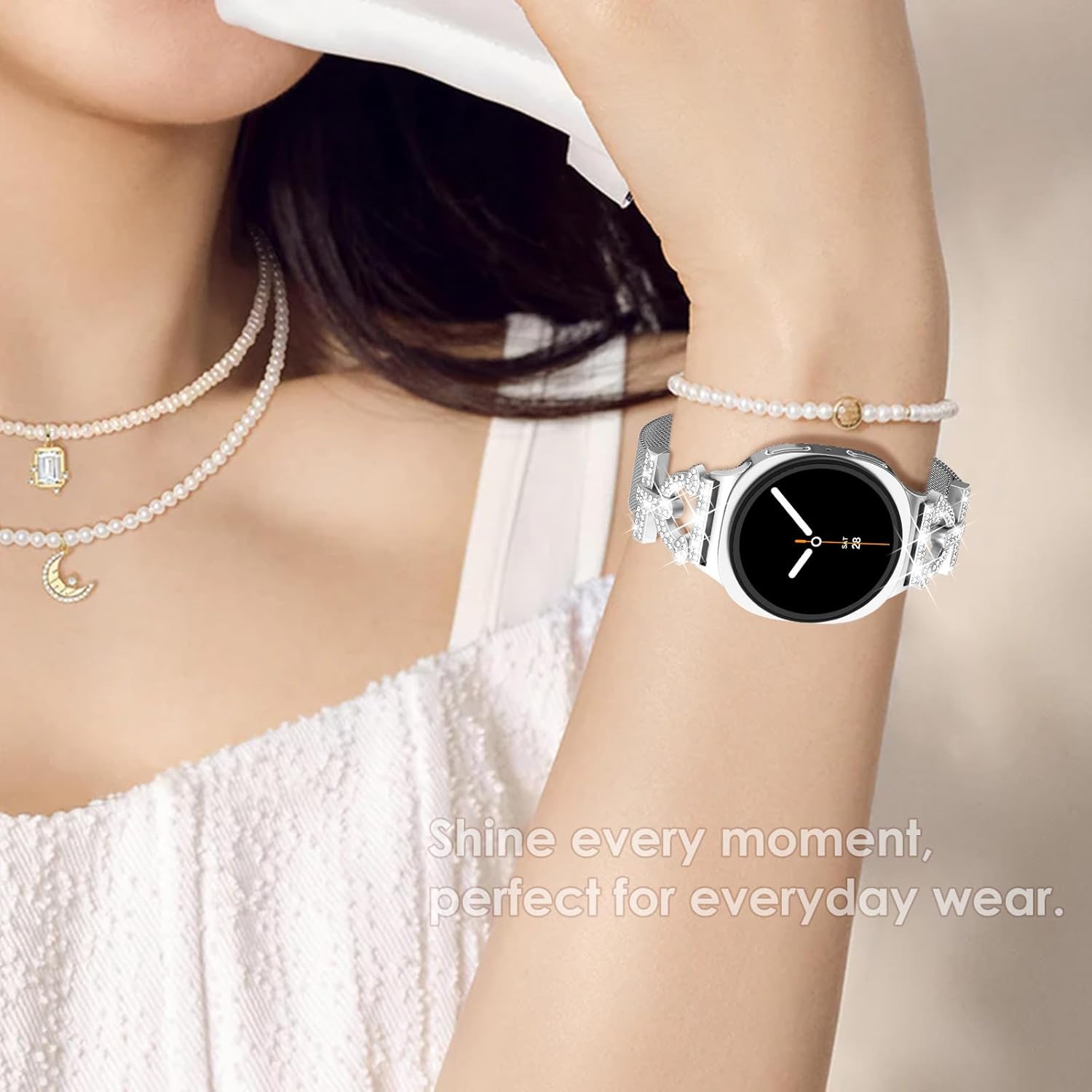 NewWays Compatible for Samsung Galaxy Watch 8 40mm 44mm/8 Classic 46mm Bands, Women Metal Replacement Bling Jewelry Bracelet Rhinestone Strap Wristband for Galaxy Watch 8/8 Classic - Image 6