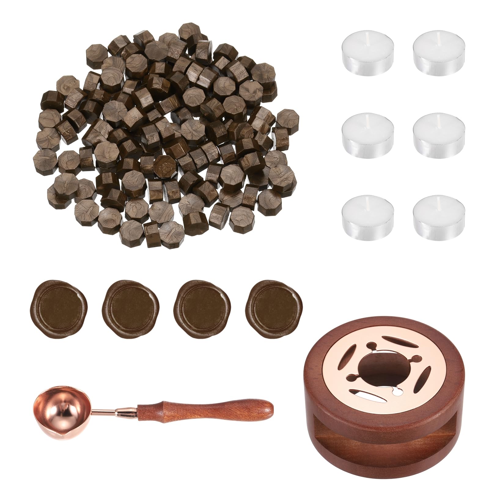 PATIKIL Wax Seal Kit, 150 Pcs Wax Sealing Beads, Wooden Warmer, Melted Spoon, 6 Pcs Tealight Candles for Envelope Letter Mailing Crafts DIY, Brown Coffee