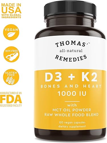 Miniatura 3 de Thomas' all-natural Remedies D3 + K2 con aceite MCT para una mejor absorción y mezcla de alimentos enteros crudos, 1000 UI D3, vegano, fabricado en