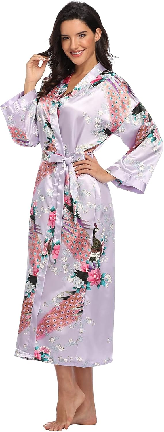Valennia Women Long Silky Bathrobe Satin Kimono Robe Floral Printed Dressing Gown Sleepwear