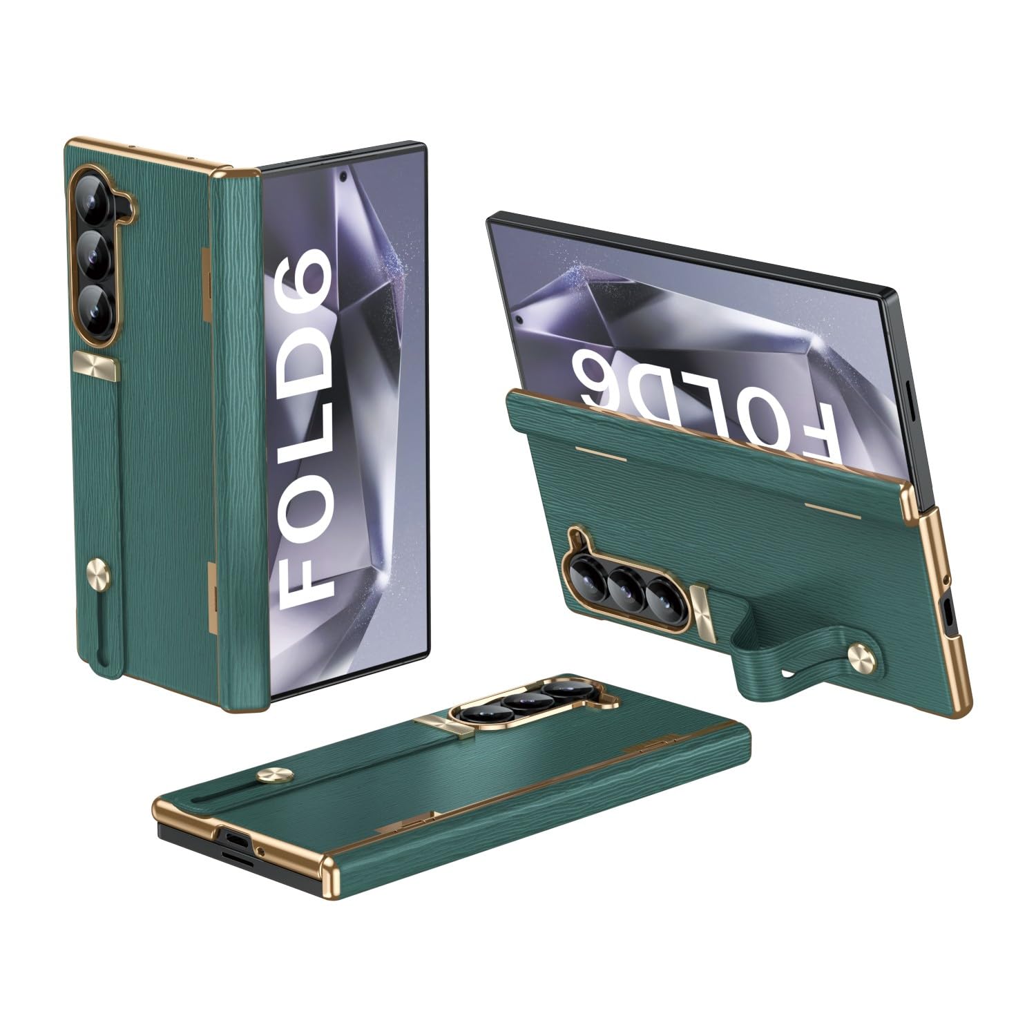 Étui Samsung Galaxy Z Fold 5 vert avec sangle et protection charnière cuir