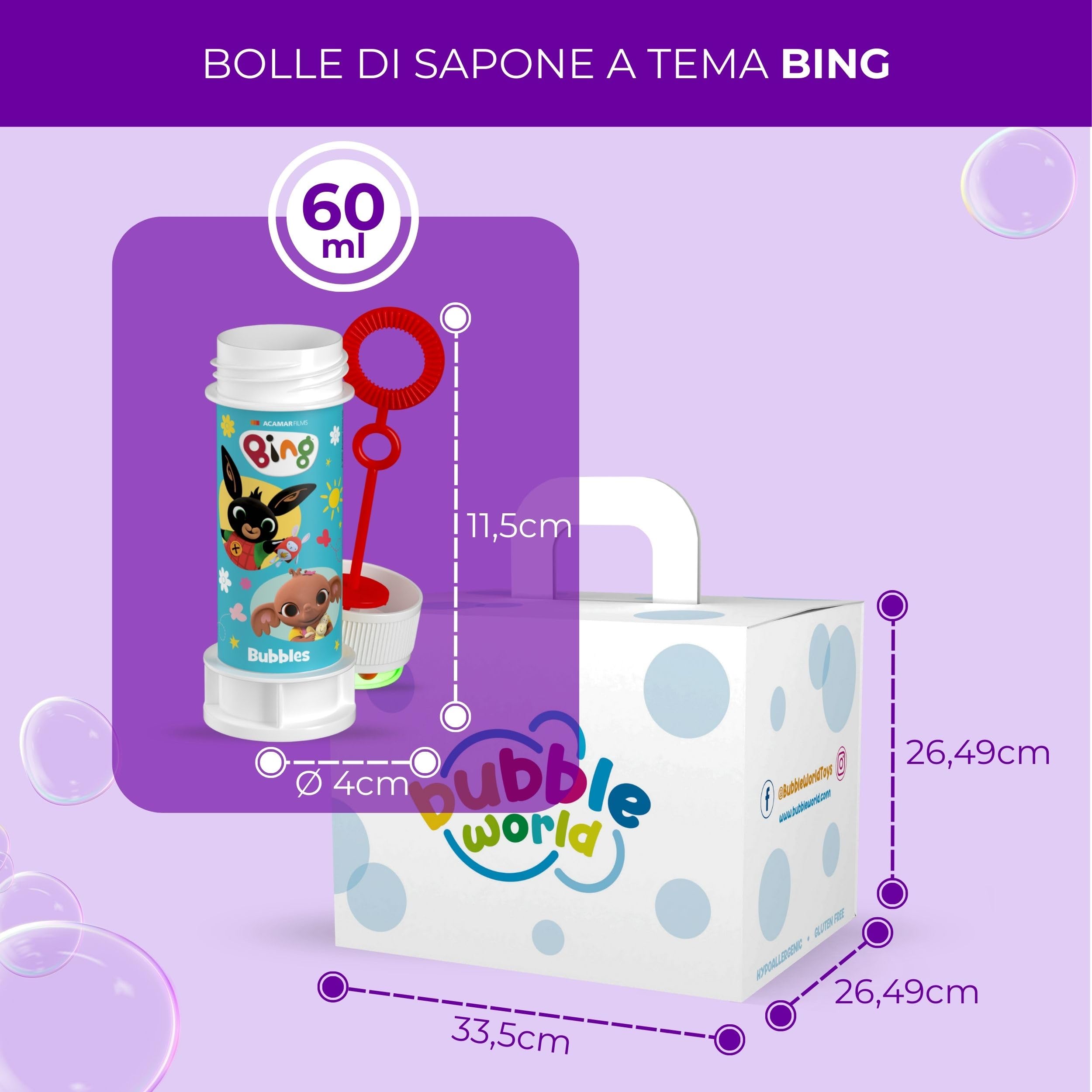 Bubble World,Bolle di sapone Bing,Bolle di Sapone(12), Tubetti Bianchi con Soffiatore Rosso Integrato,60 ml