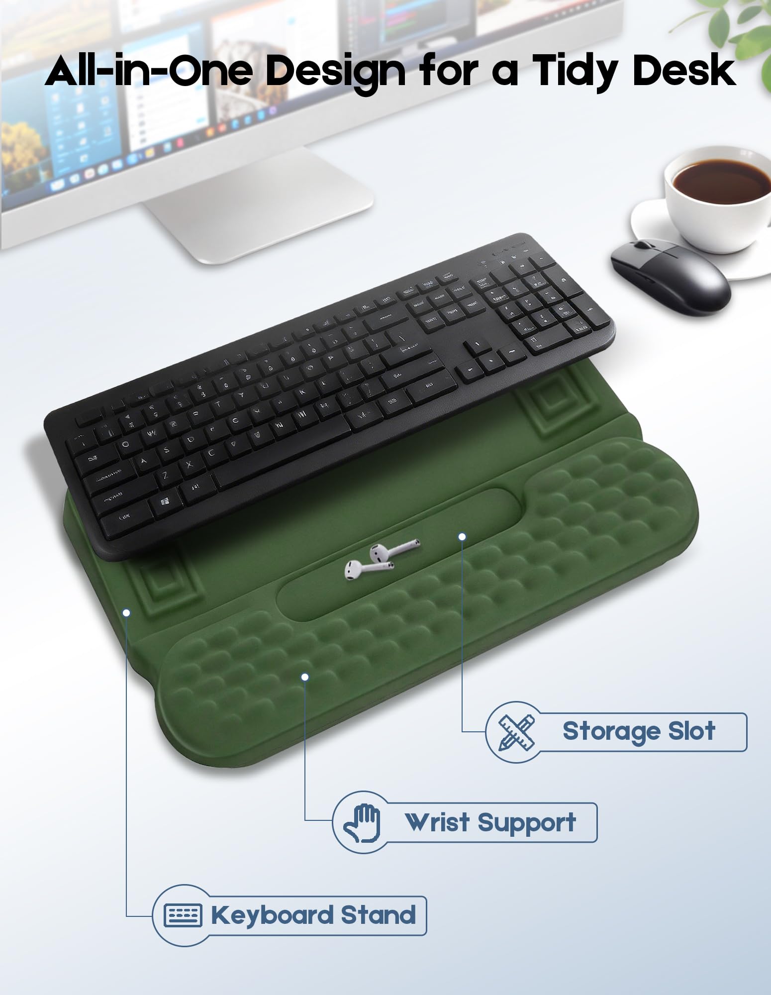 Poggiapolsi con supporto per tastiera e slot portaoggetti, poggiapolsi ergonomico per tastiera del computer, in morbida memory foam, base antiscivolo, vassoio per tastiera con supporto per il