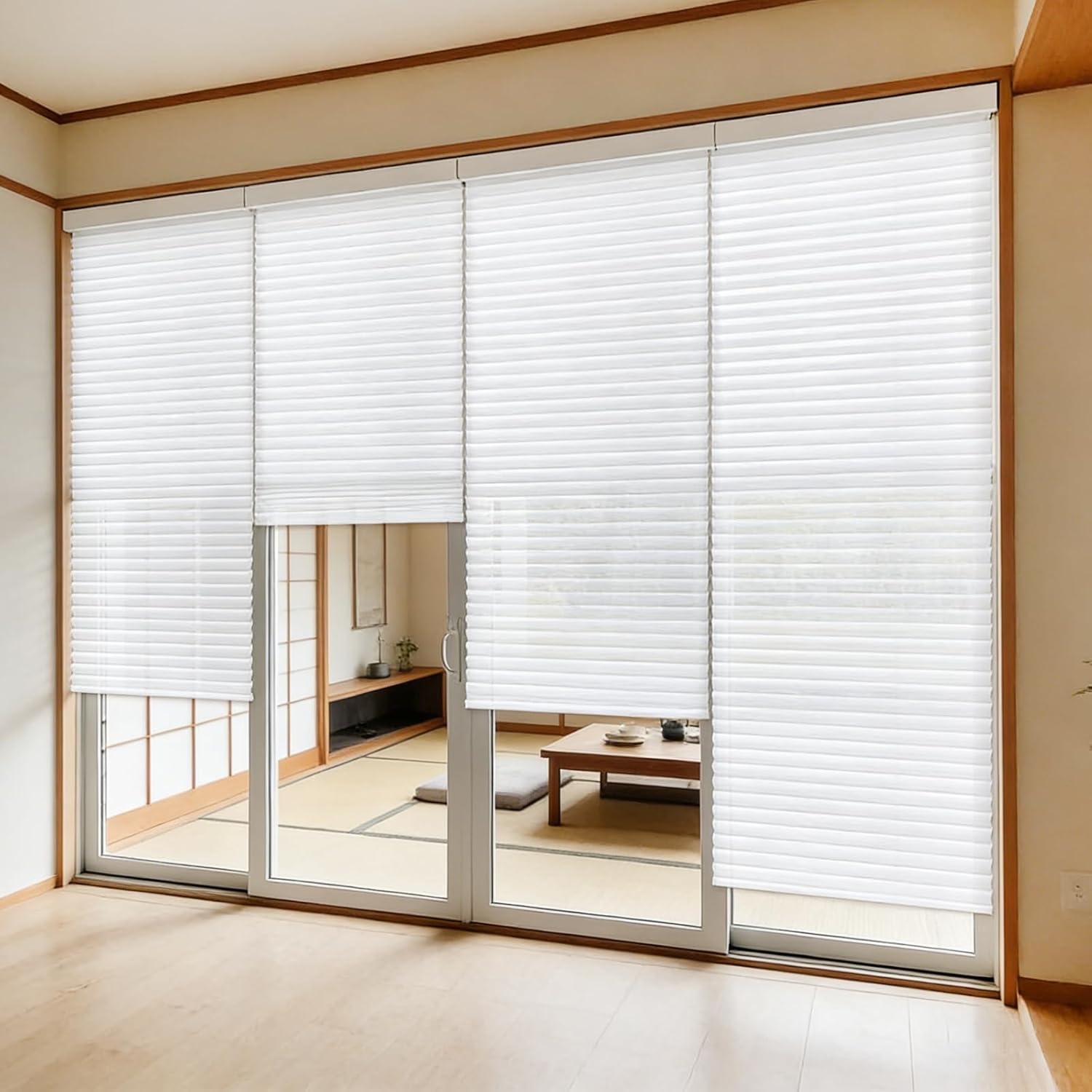 6 Pcs 35 x 110 Inch Temporary Blinds for Indoor Windows, Non-Woven Fabric Paper Pleated Shades, No Drill Free Cut Size, Adhesive Privacy Blinds for French Door Sliding Door Light Filtering (White)