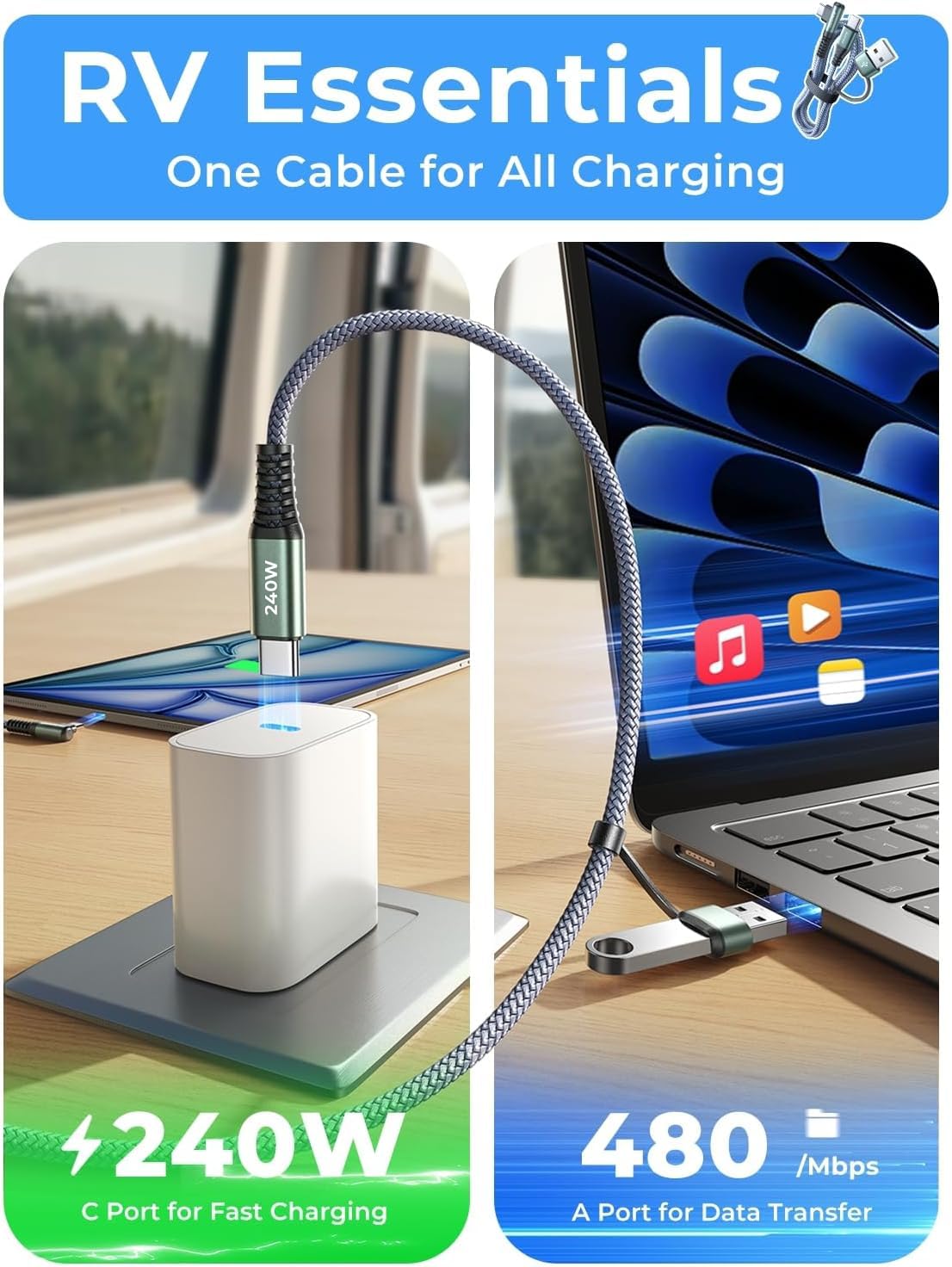 AINOPE 10 FT USB C Cable Fast Charging, 240W USB-C Charge Cable with Adapter, Fast Charger USB C Cable Supports 100W, Right Angle USB C Fit MacBook Pro/Air, iPad Pro/Air, iPhone 17/16/15, 10FT Grey — Amazon image 3