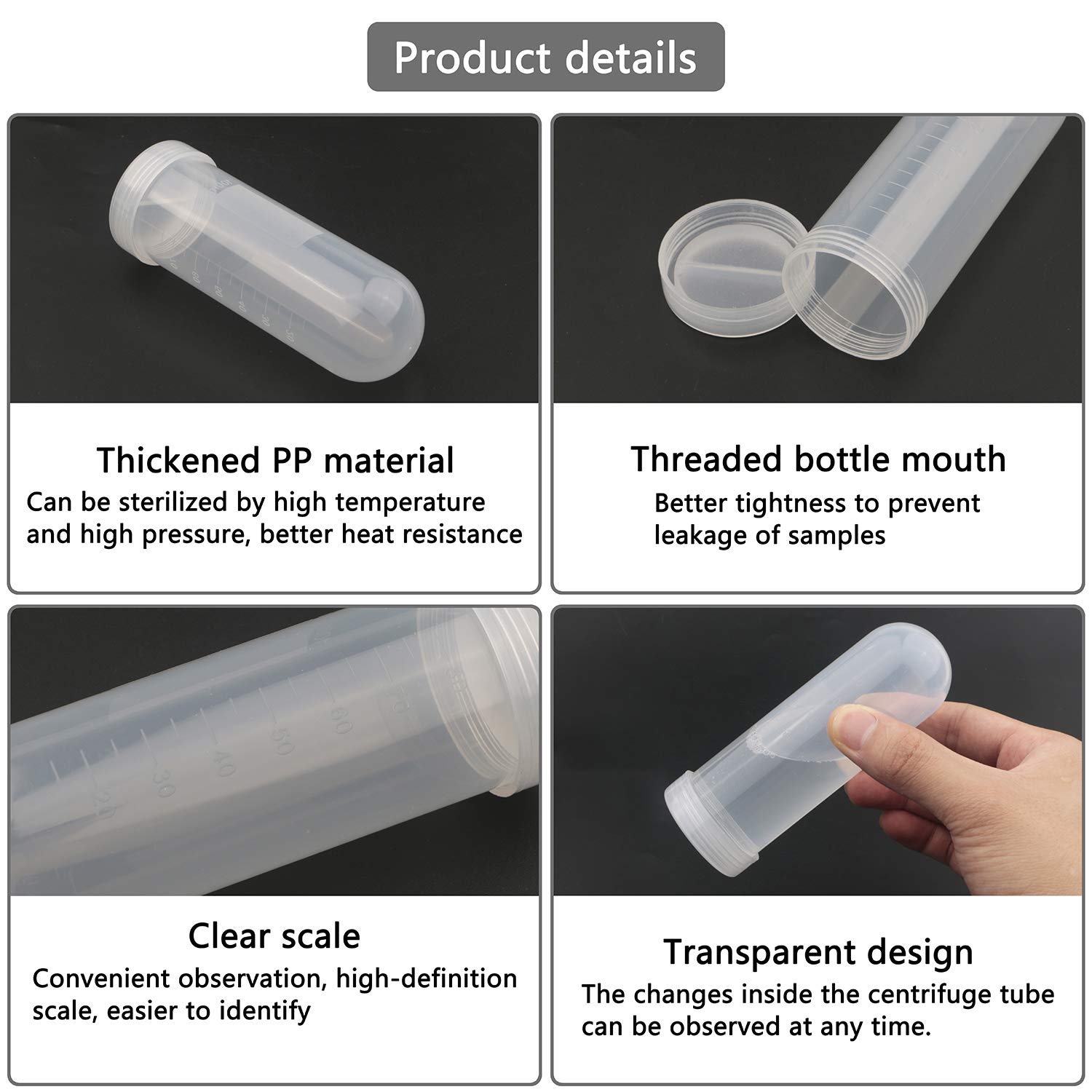 Lot de 10 tubes de centrifugeuse en plastique avec fond rond et graduation en polypropylène 100 ml