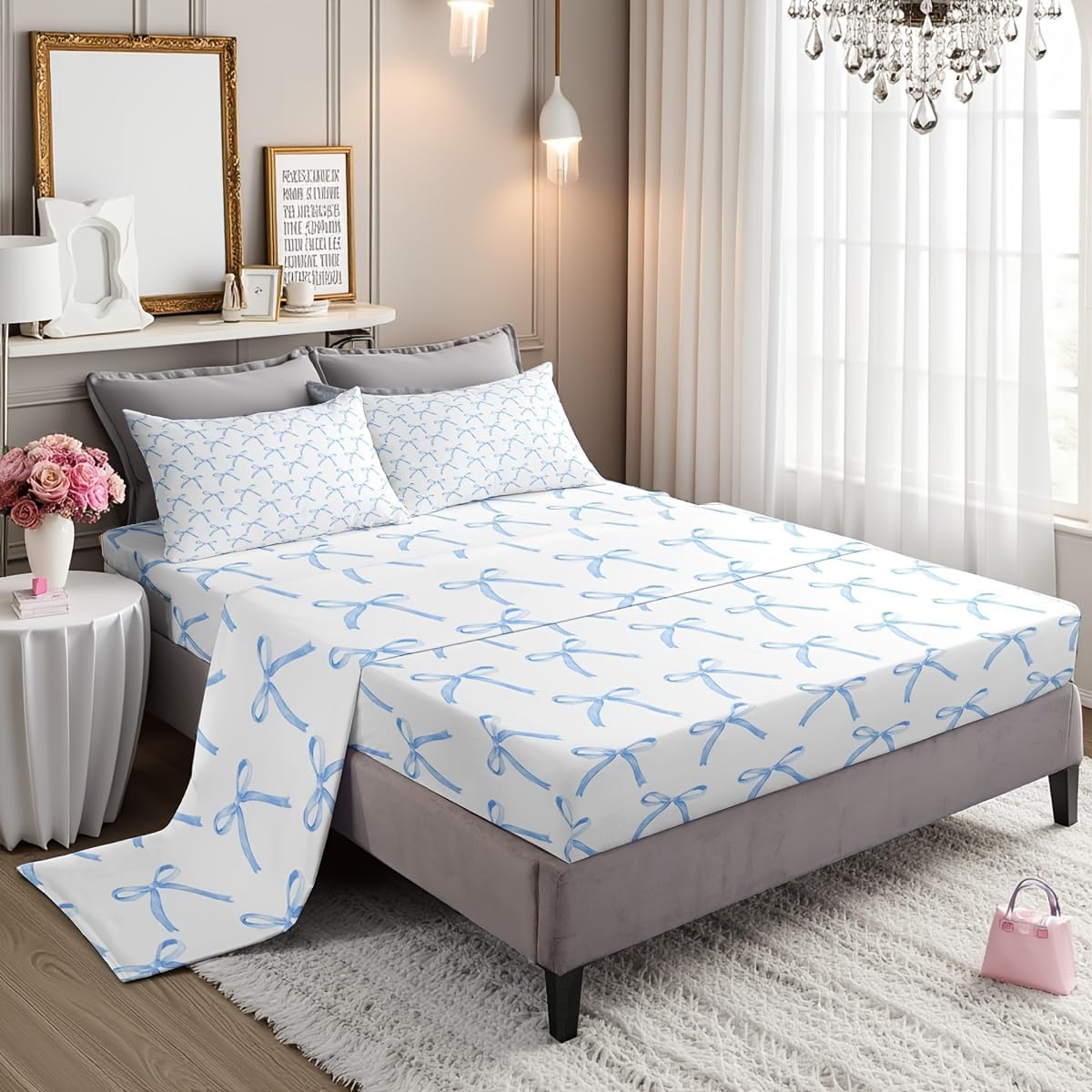Manfei Cartoon Bowknot Kids Sheet Twin Size,Bow Tie Knot Geometric Patchwork Fashion Bedding Set,Girls Women Room Decor,Hand-Painted Sketch Blue Noble Bed Sheet Set 3pcs(Fitted + Flat + 1 Pillowcase)