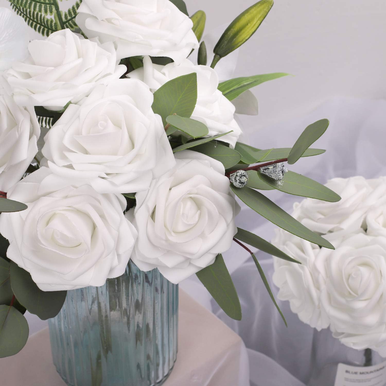 HOHOTIME Large Artificial Flowers 42pcs, 3.75 inches Real Touch Roses, Foam Roses with Leaves and Stems for Decoration Crafts Wedding DIY Bridal Shower Party Home Decor